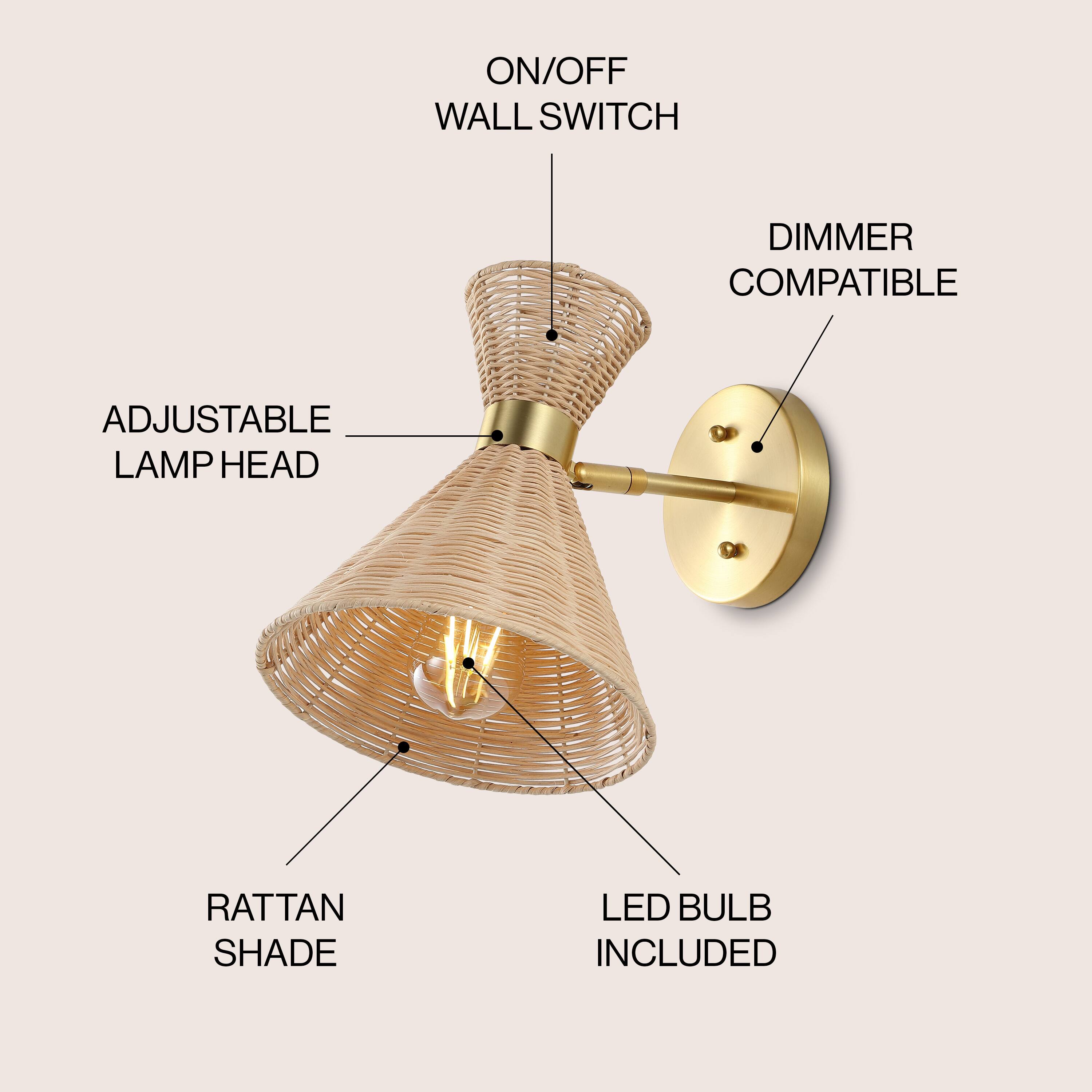 ON/OFF WALL SWITCH DIMMER COMPATIBLE ADJUSTABLE LAMP HEAD RATTAN SHADE LED BULB INCLUDED