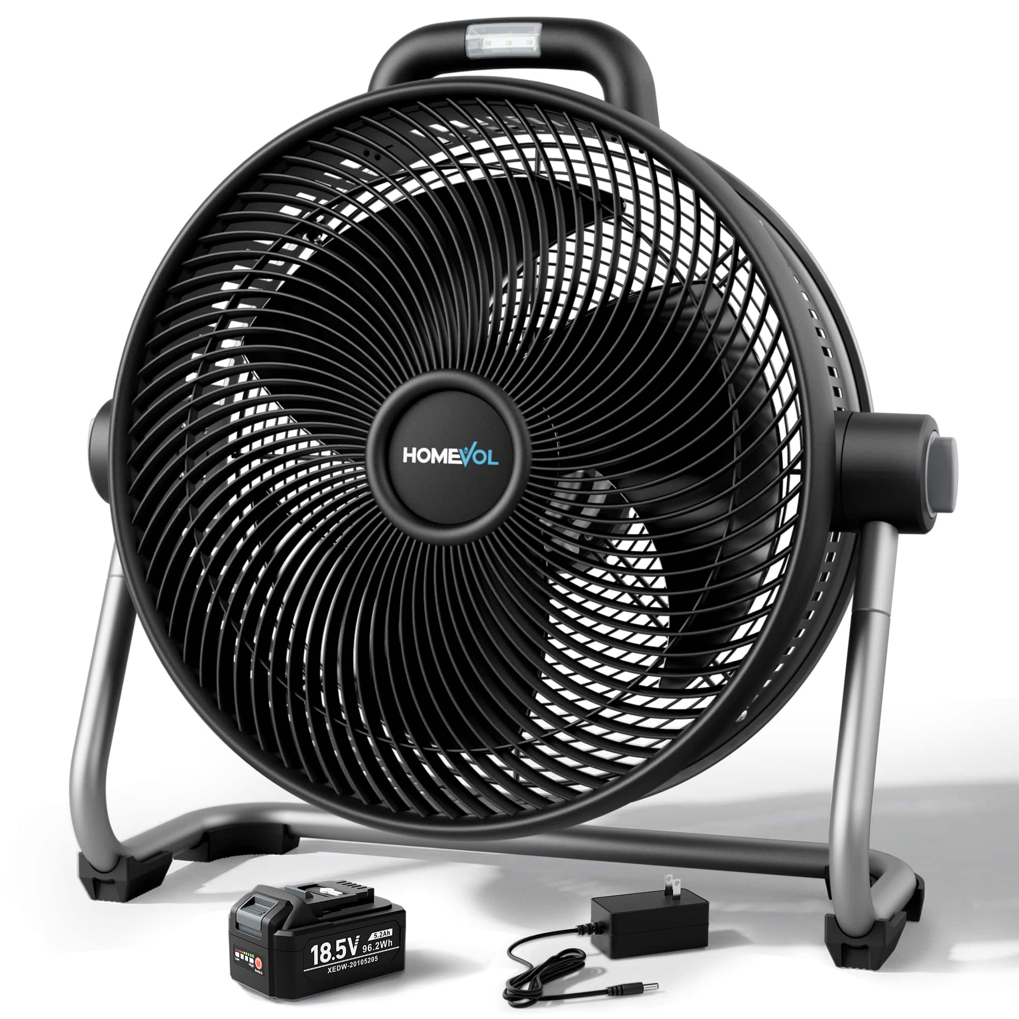 Homevol - 4000 CFM Portable Fan with Light – AC/Battery/DC Powered, 6 Speeds, with Rechargeable Battery, for Camping, Garage - Black & Gray