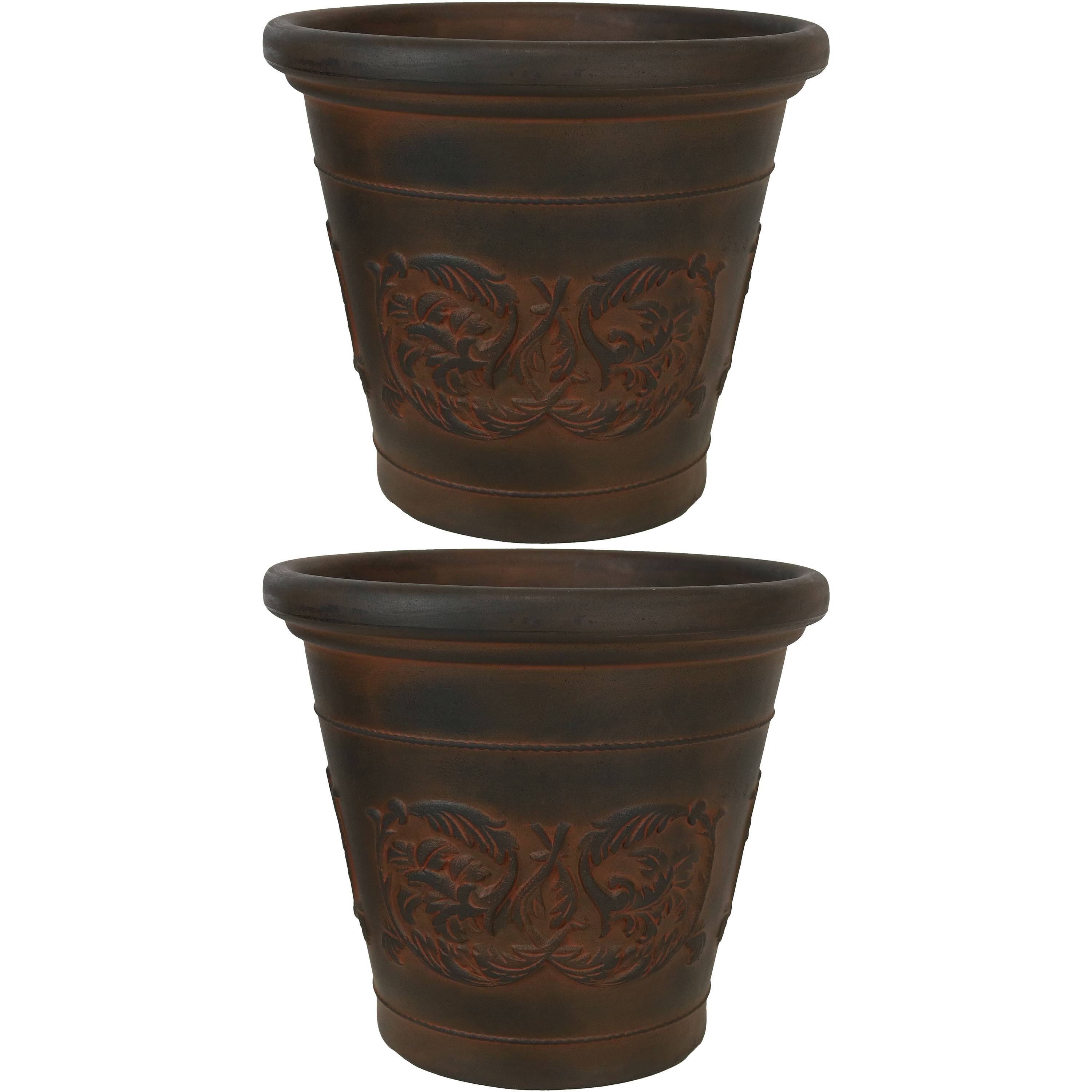 Front. Sunnydaze - 16 in Arabella Dual-Wall Polyresin Planter - Set of 2 - Rust.