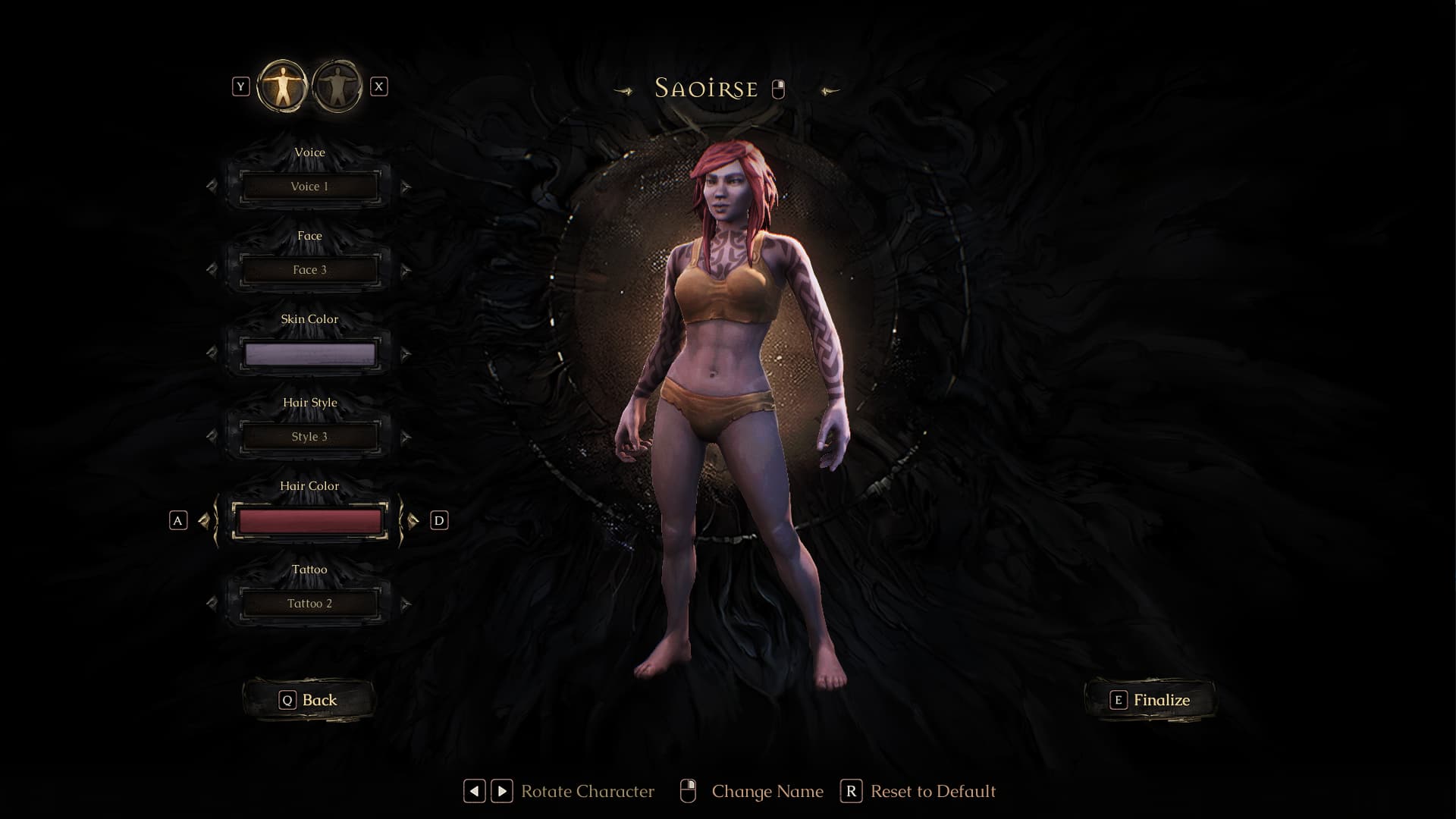 Y x SAOIRSE 0 Voice Voice I Face Face E Skin Color Hoir Style Style 3 Hair Color A D Tattoo Tattoo 2 Back E Finalize Rotate Character Change Name R Reset to Default