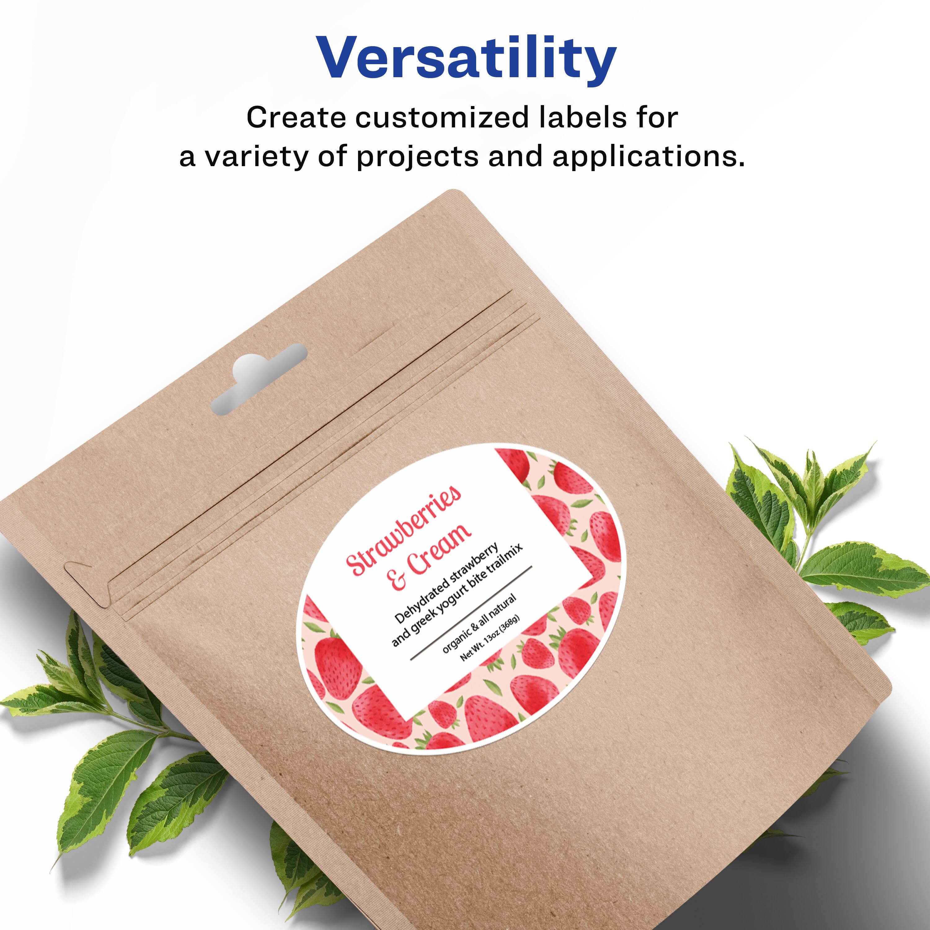 Versatility  
Create customized labels for a variety of projects and applications.  

Strawberries & Cream  
Strawberry bite trailmix  
Dehydrated yogurt natural greek & all natural  
302(368g) Net Wt