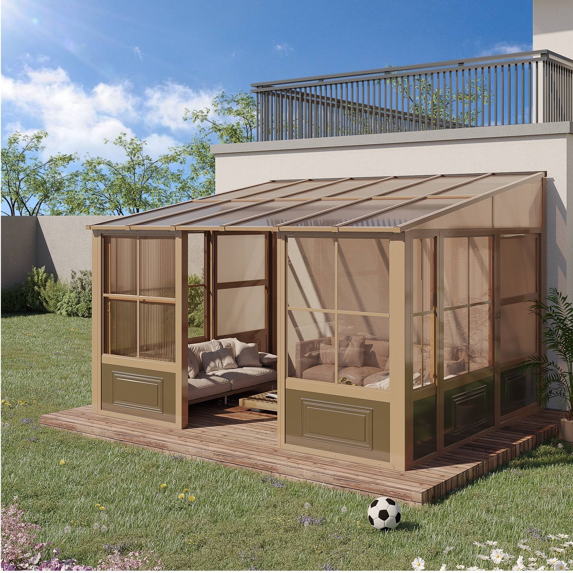 Angle. U-HOMY - 10'x12' Wall Mounted Sunroom with Sliding Doors, All-Season Aluminum Patio Gazebo, Outdoor Permanent Sunroom Shelter - Brown.