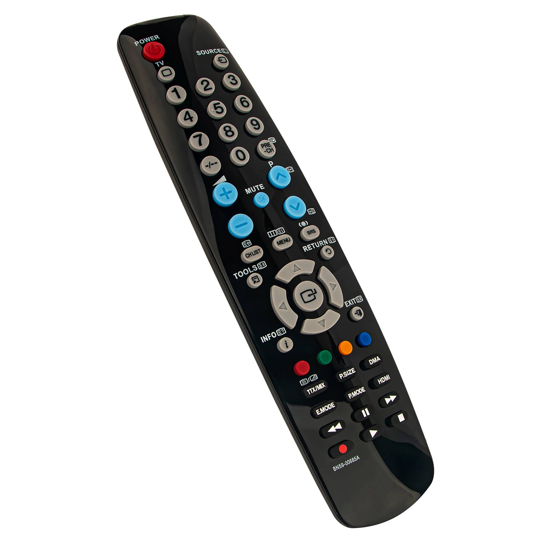 POWER SOURCE TV 1 2 3 4 5 6 7 8 9 0 PRE CH 0 --- P + MUTE T - HIB SIS MENU 22 RETURN CHLIST TOOLSED EXITED 4 H INFO i DMA P.SIZE HDMI E TTX/MIX PIMODE H EMODE BN58-00685A