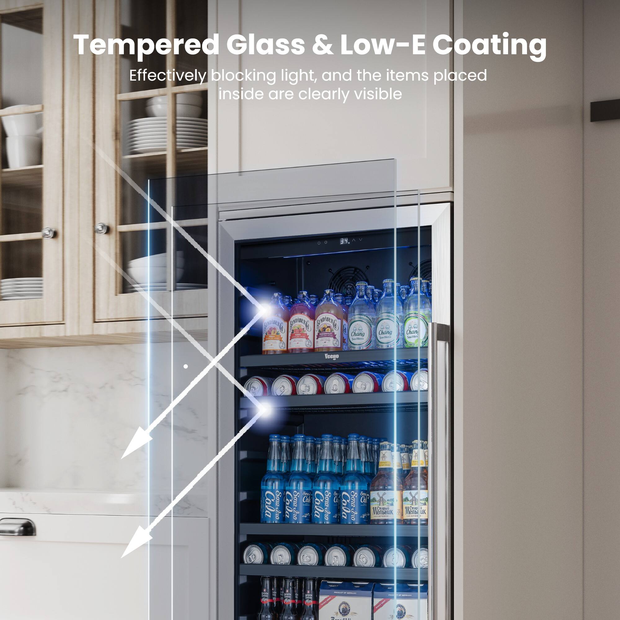 Tempered Glass & Low-E Coating  
Effectively blocking light, and the items placed inside are clearly visible