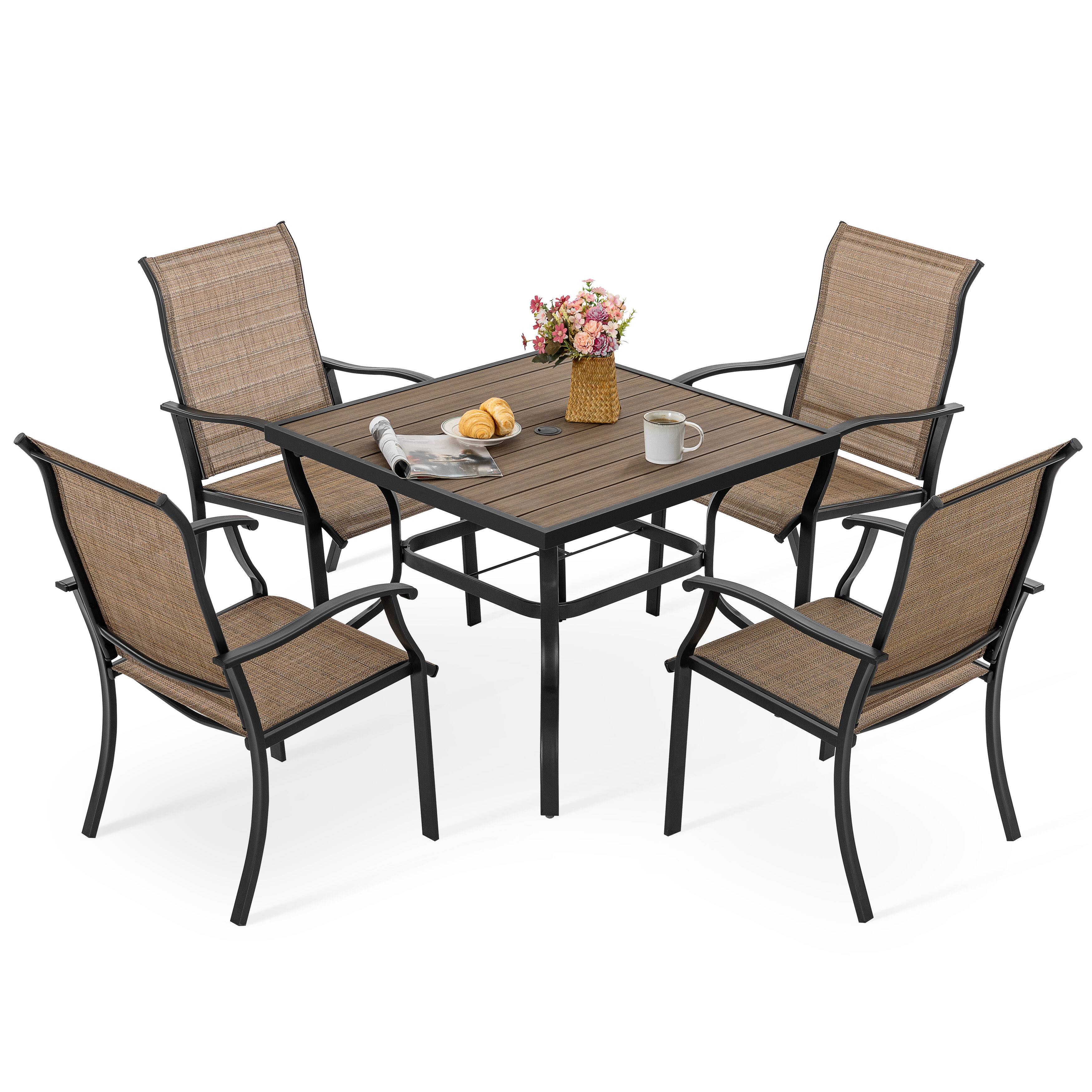 Alt View 9. Nuu Garden - 5-Piece Patio Ergonomic Textilene and Metal Dining Set with Umbrella Hole - Brown and Black.