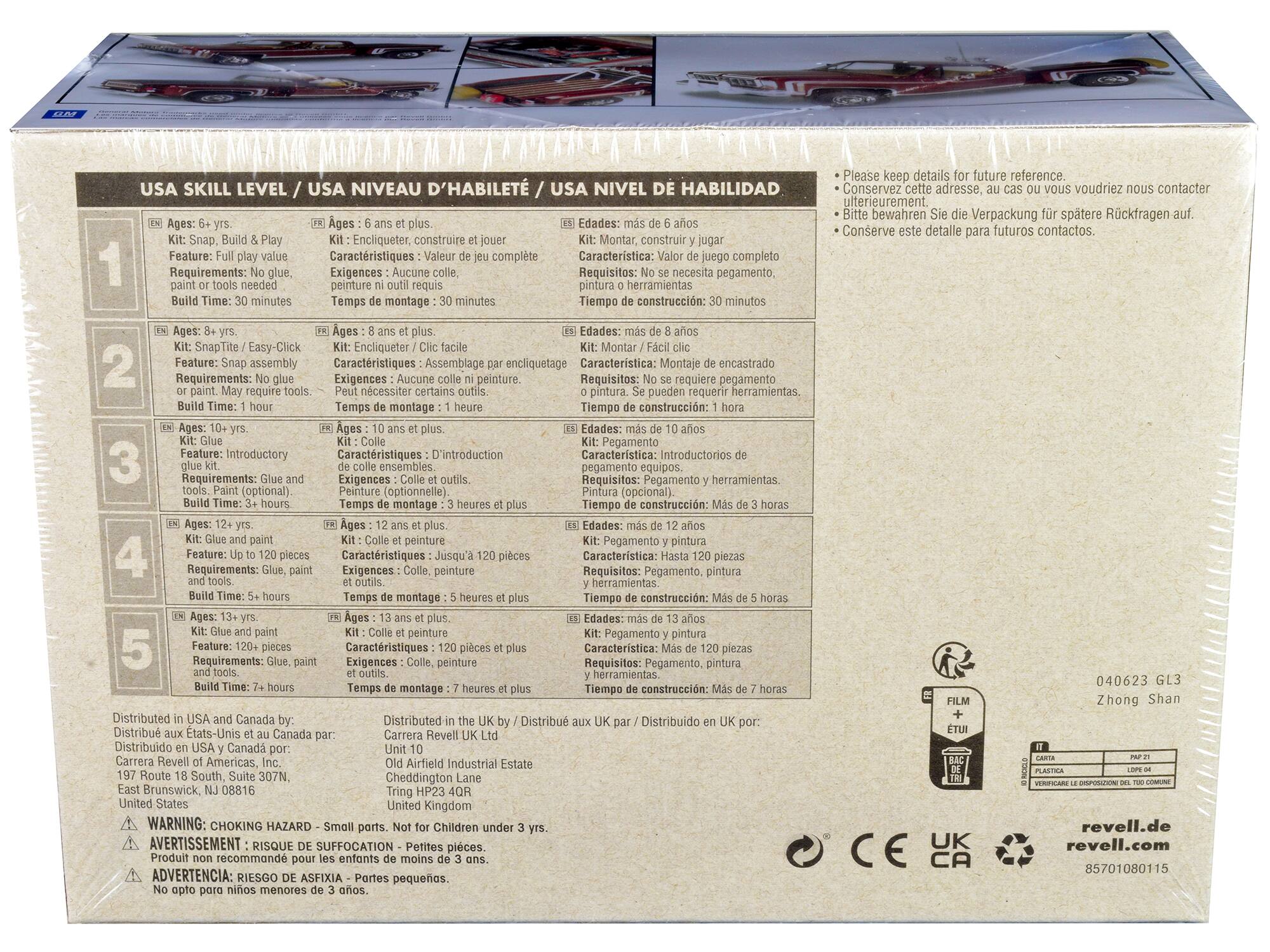 **USA SKILL LEVEL / USA NIVEAU D'HABILETÉ / USA NIVEL DE HABILIDAD**

1. **Ages: 6+ yrs.**  
   - Kit: Snap, Build & Play  
   - Feature: Full play value  
   - Requirements: No glue, paint or tools needed  
   - Build Time: 30 minutes  
   - **Ages: 6 ans et plus**  
   - Kit: Encliqueter, construire et jouer  
   - Caractéristiques: Valeur de jeu complète  
   - Exigences: Aucune peinture ni outils.  
   - Temps de montage: 30 minutes  
   - **Edades: más de 6 años**  
   - Kit: Montar, construir y jugar  
   - Características: Valor de juego completo  
   - Requisitos: No se necesita pegamento, pintura ni herramientas.  
   - Tiempo de construcción: 30 minutos  

2. **Ages: 8+ yrs.**  
   - Kit: Snap-Tite / Easy-Click  
   - Feature: Snap assembly  
   - Requirements: No glue or