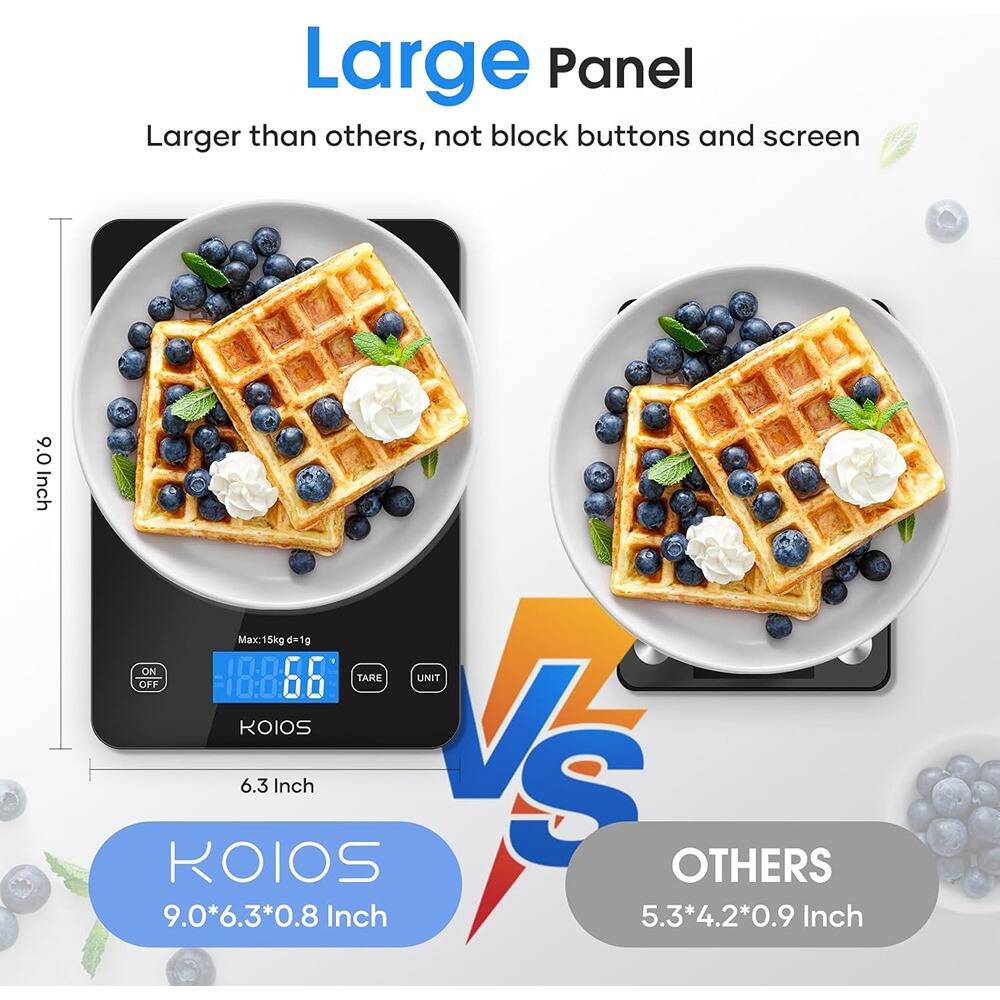 Large Panel  
Larger than others, not block buttons and screen  

9.0 Inch  
Max: 15kg d=1g  

ON OFF  
18:8  
66  
TARE UNIT  

KOIOS  
6.3 Inch  

KOIOS  
9.0*6.3*0.8 Inch  

VS  

OTHERS  
5.3*4.2*0.9 Inch