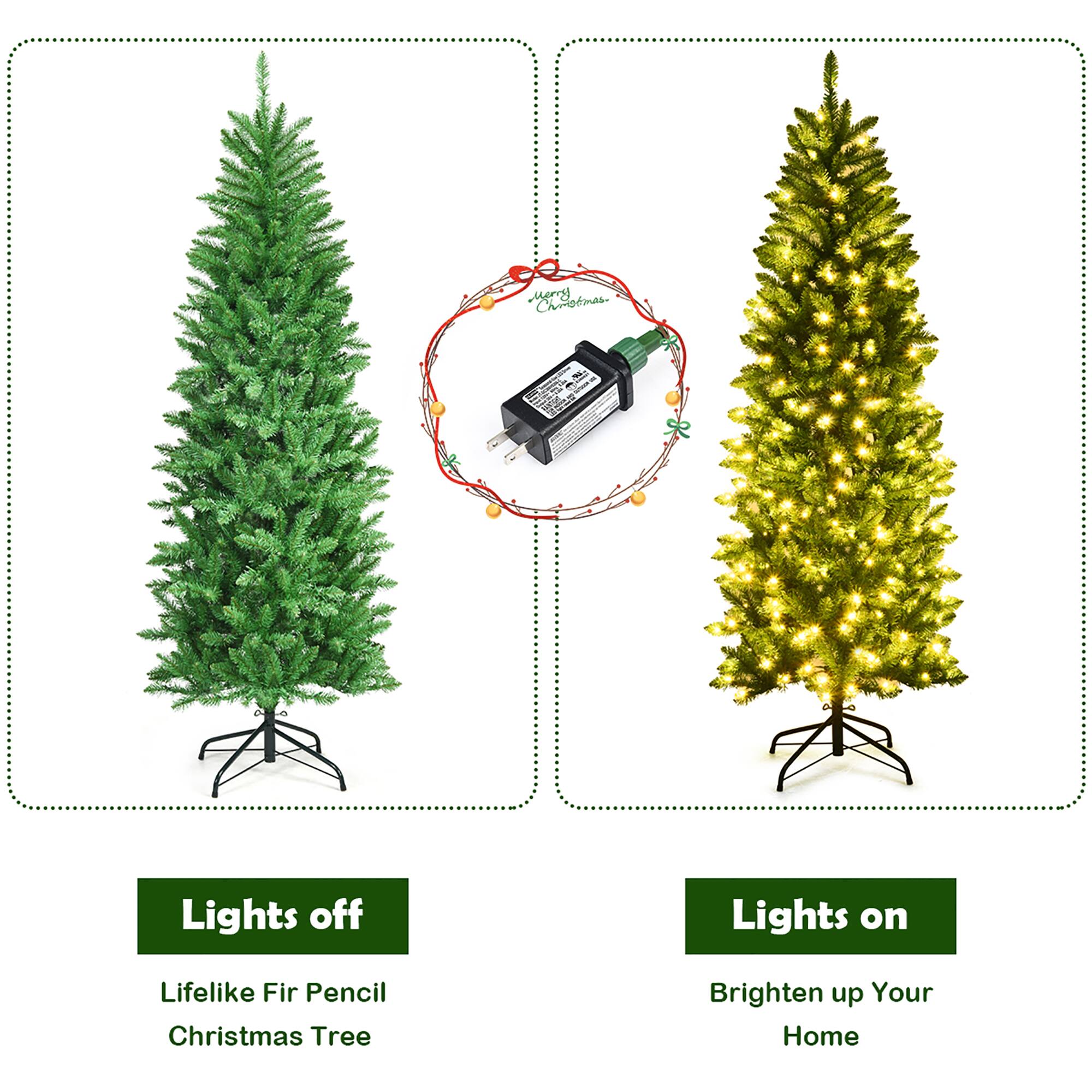 Users can choose between a Christmas tree with lights off and a Christmas tree with lights on. The lights on tree is a lifelike fir pencil tree that can brighten up your home.