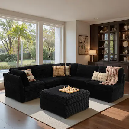 Front. Ovios - 5 Seat Modular Sectional Sofa, Plush Corduroy Deep Seat Couch with Ottoman for Living Room - Black.