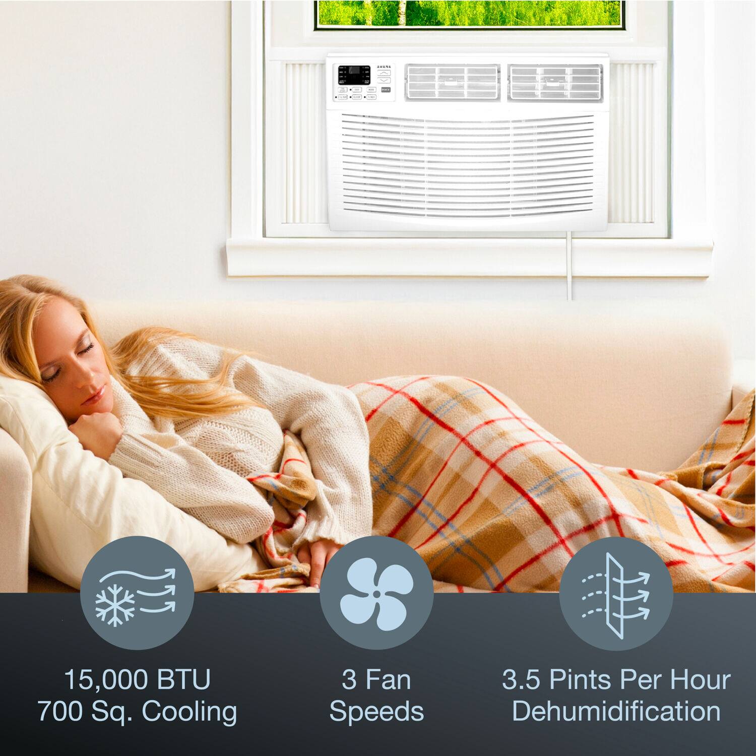 15,000 BTU  
700 Sq. Cooling  
3 Fan Speeds  
3.5 Pints Per Hour Dehumidification