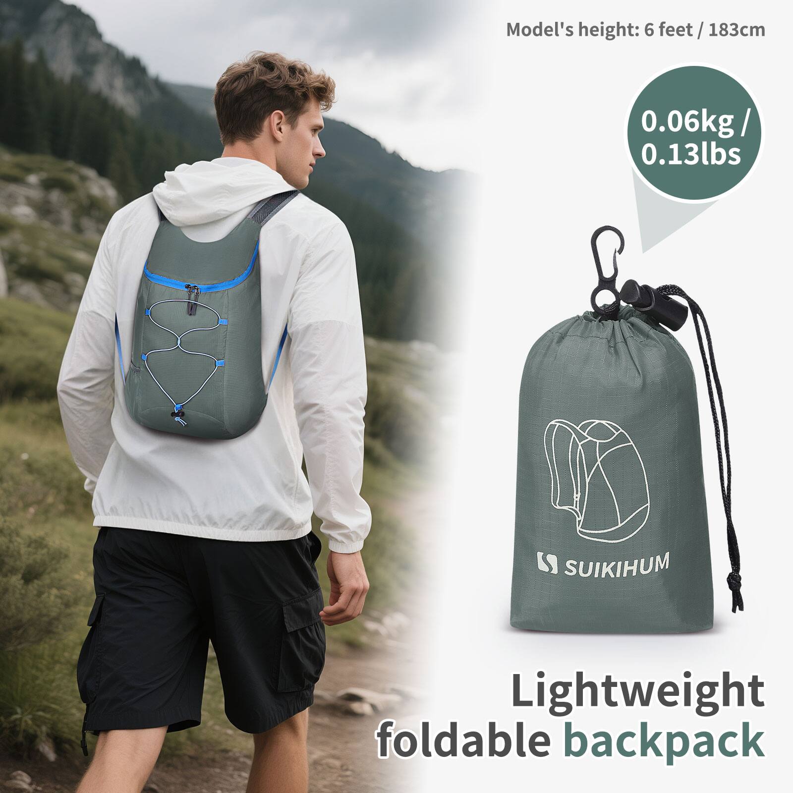 Model's height: 6 feet / 183cm

0.06kg / 0.13lbs

SUIKIHUM Lightweight foldable backpack