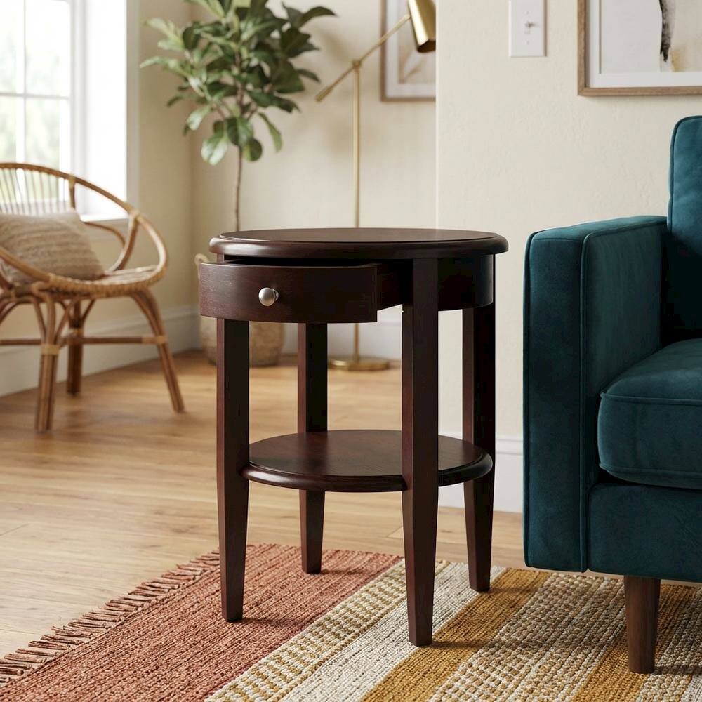 Alt View 3. FurniFact - Farmhouse Solid Wood End Table With Drawer For Living Room - Walnut.