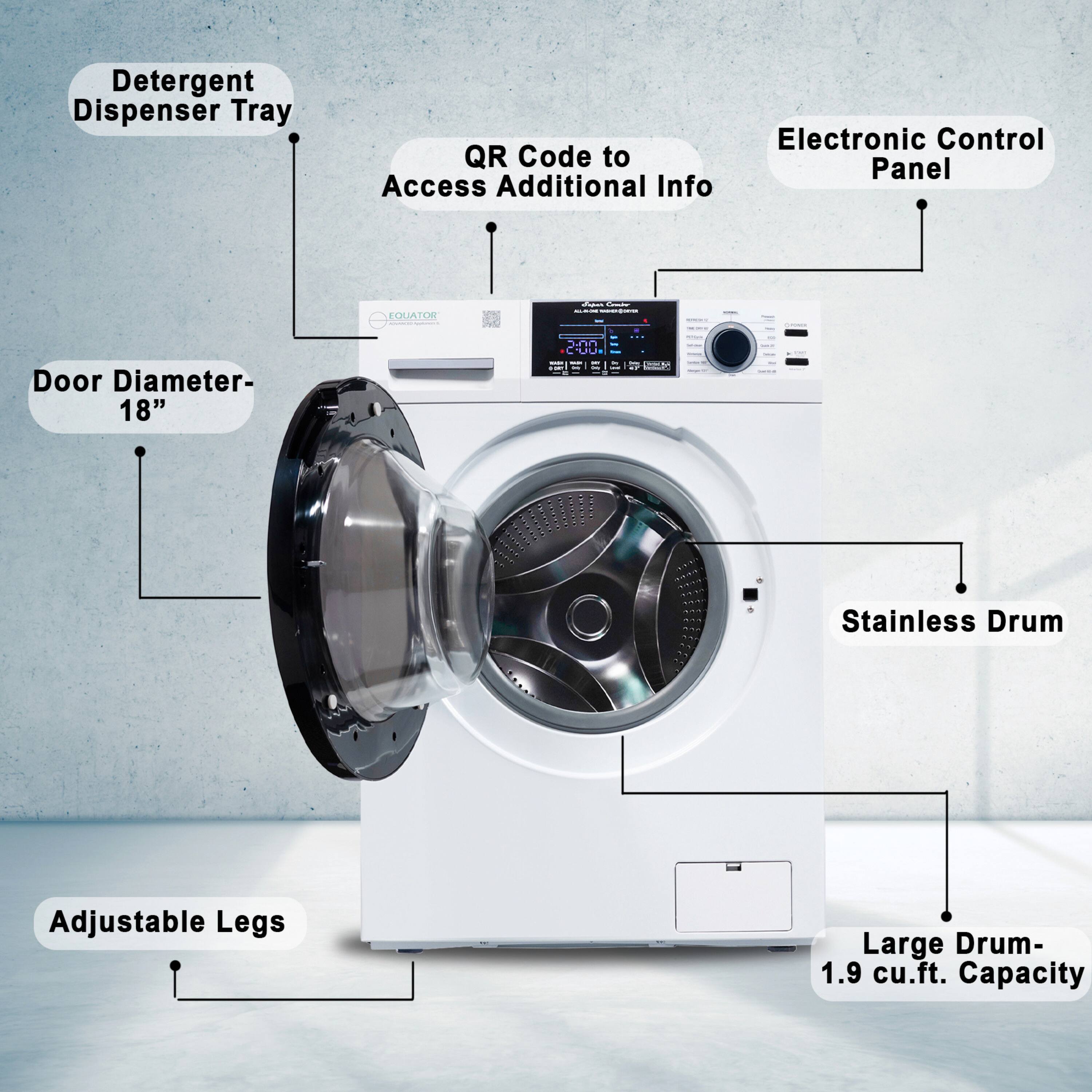 - Detergent Dispenser Tray
- QR Code to Access Additional Info
- Electronic Control Panel
- Door Diameter- 18"
- Stainless Drum
- Adjustable Legs
- Large Drum- 1.9 cu.ft. Capacity