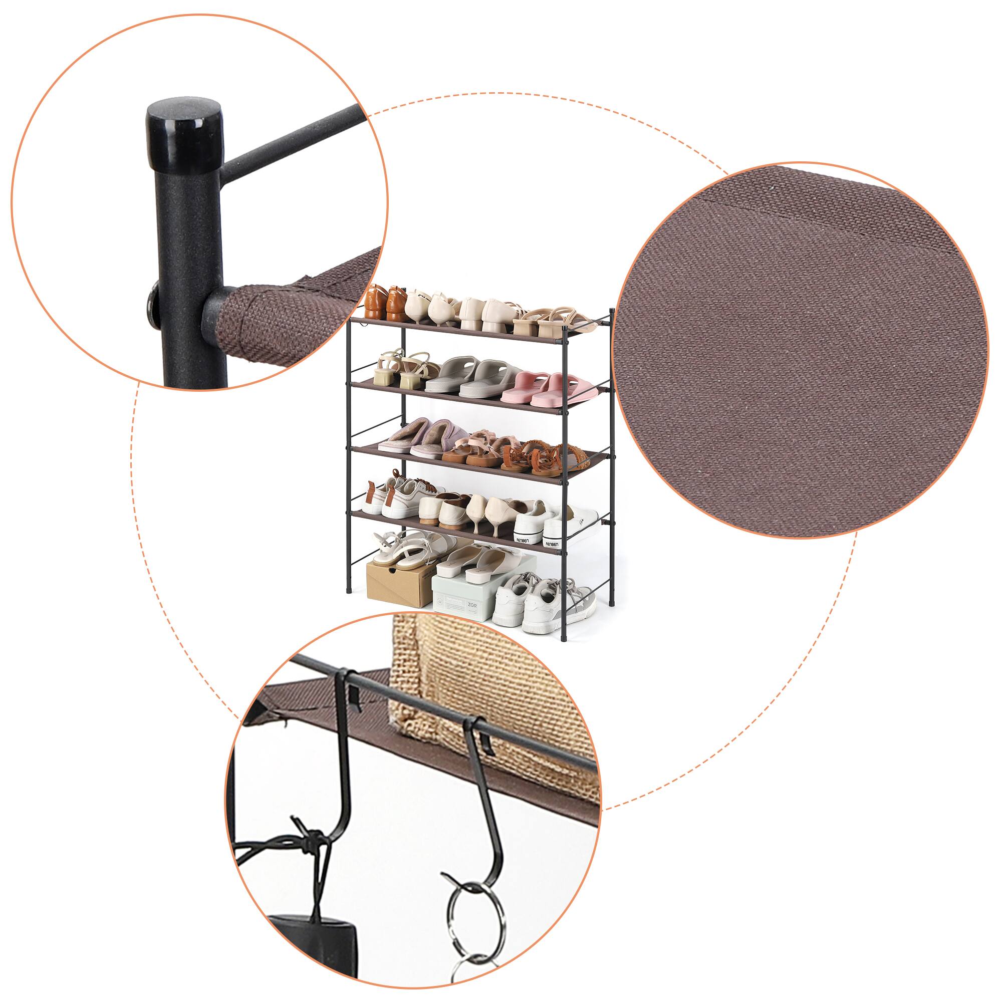Alt View 2. Oumilen - 4-Tier Fabric Shoe Rack with Hooks, Brown - Black.