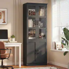 Aheaplus - 79.7'' Tall Freestanding Bookcase with Glass Doors and Adjustable Shelves - Black