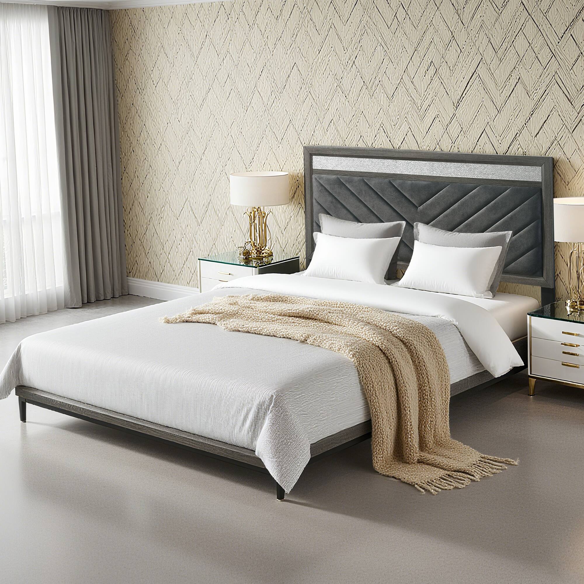 Back. Vaczon - Full/Double Upholstered Bed Frame with Storage Drawers and Crystal-Like Handles Space-Saving Modern Bedroom Bed - Gray.