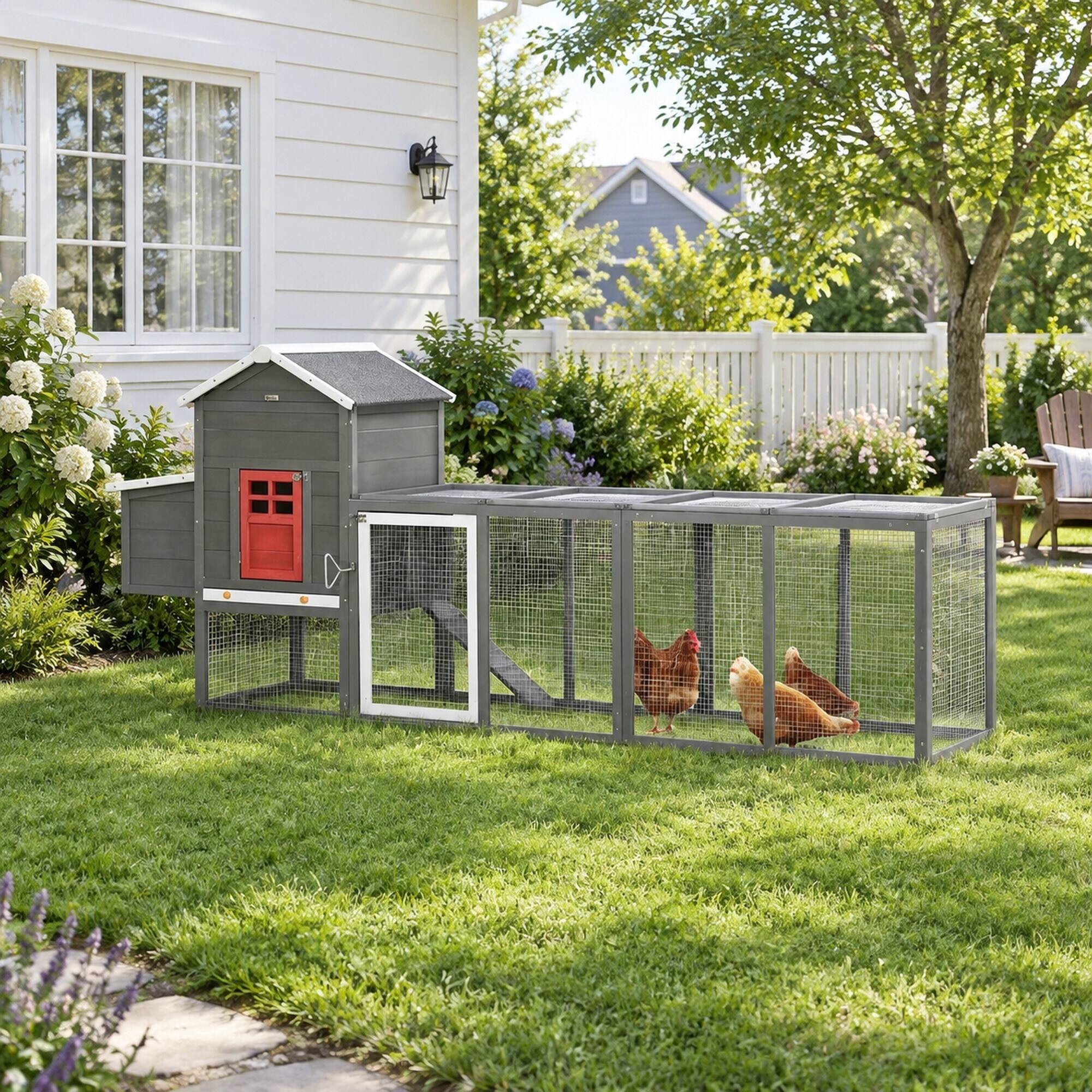Back. RYHNUYNE - 118 in Extra Large Wooden Chicken Coop, Fir Wood Hen House, Asphalt Roof, Nesting Box, Slide-Out Tray.