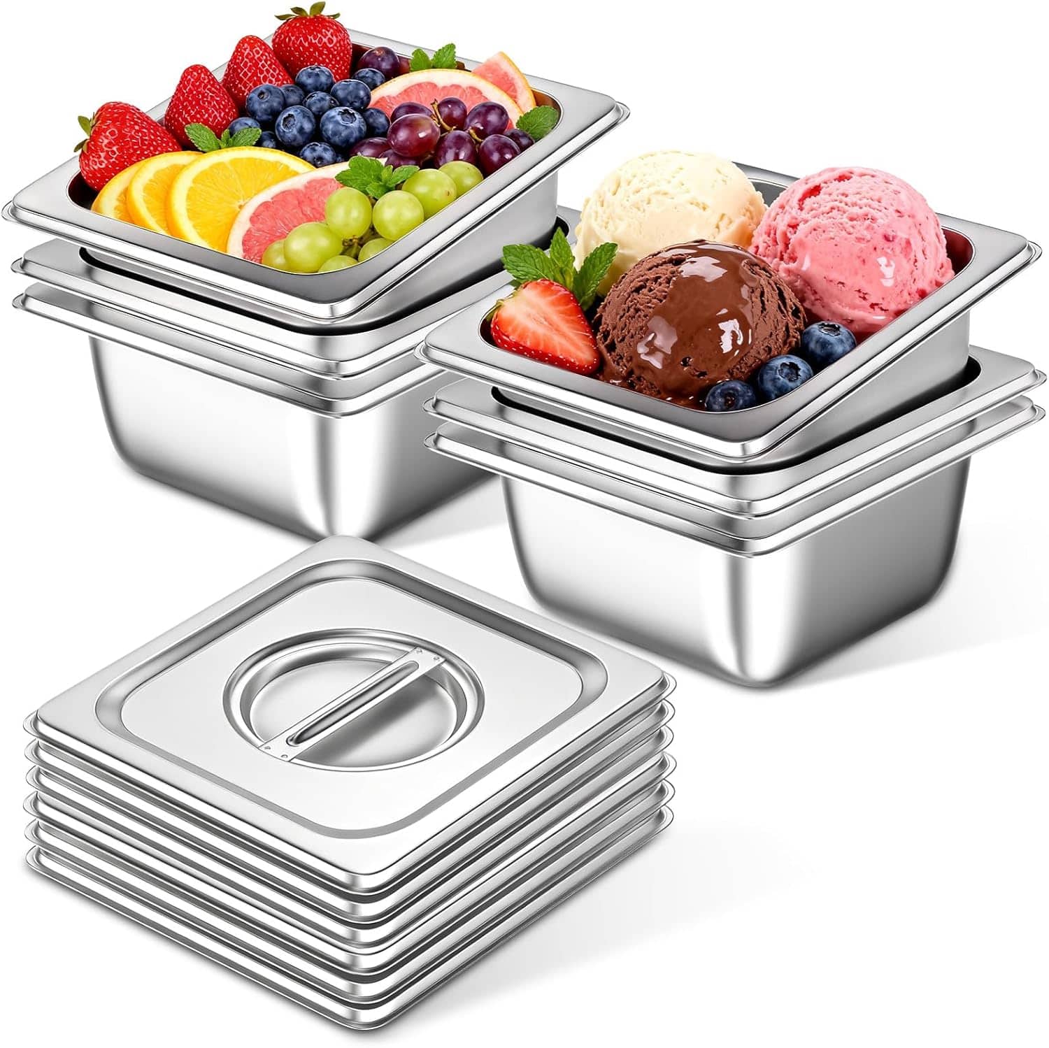 OSTBA - 6 Pack Full Size Hotel Pans with Lids 1/6 Size 4" Deep,Stainless Steel Steam Table Buffet Pans , 6.9" L x 6.4" W