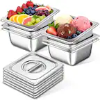 Front. OSTBA - 6 Pack Full Size Hotel Pans with Lids 1/6 Size 4" Deep,Stainless Steel Steam Table Buffet Pans , 6.9" L x 6.4" W.