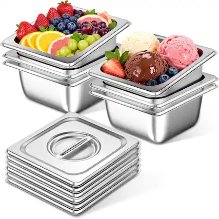 Front. OSTBA - 6 Pack Full Size Hotel Pans with Lids 1/6 Size 4" Deep,Stainless Steel Steam Table Buffet Pans , 6.9" L x 6.4" W.