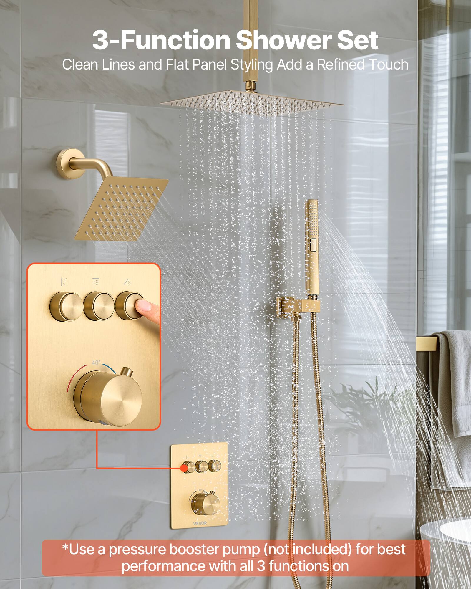 3-Function Shower Set  
Clean Lines and Flat Panel Styling Add a Refined Touch  

*Use a pressure booster pump (not included) for best performance with all 3 functions on