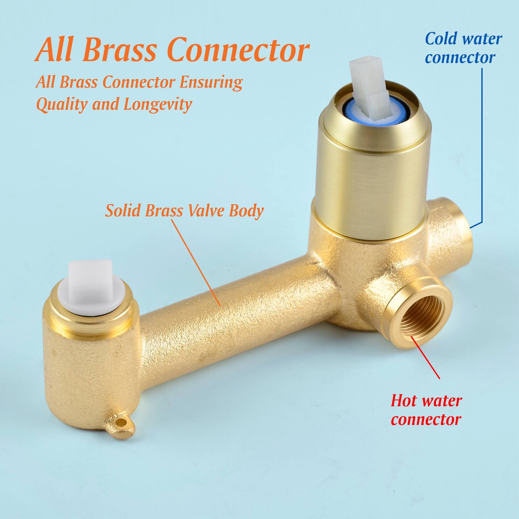 All Brass Connector  
All Brass Connector Ensuring Quality and Longevity  
Cold water connector  
Solid Brass Valve Body  
Hot water connector