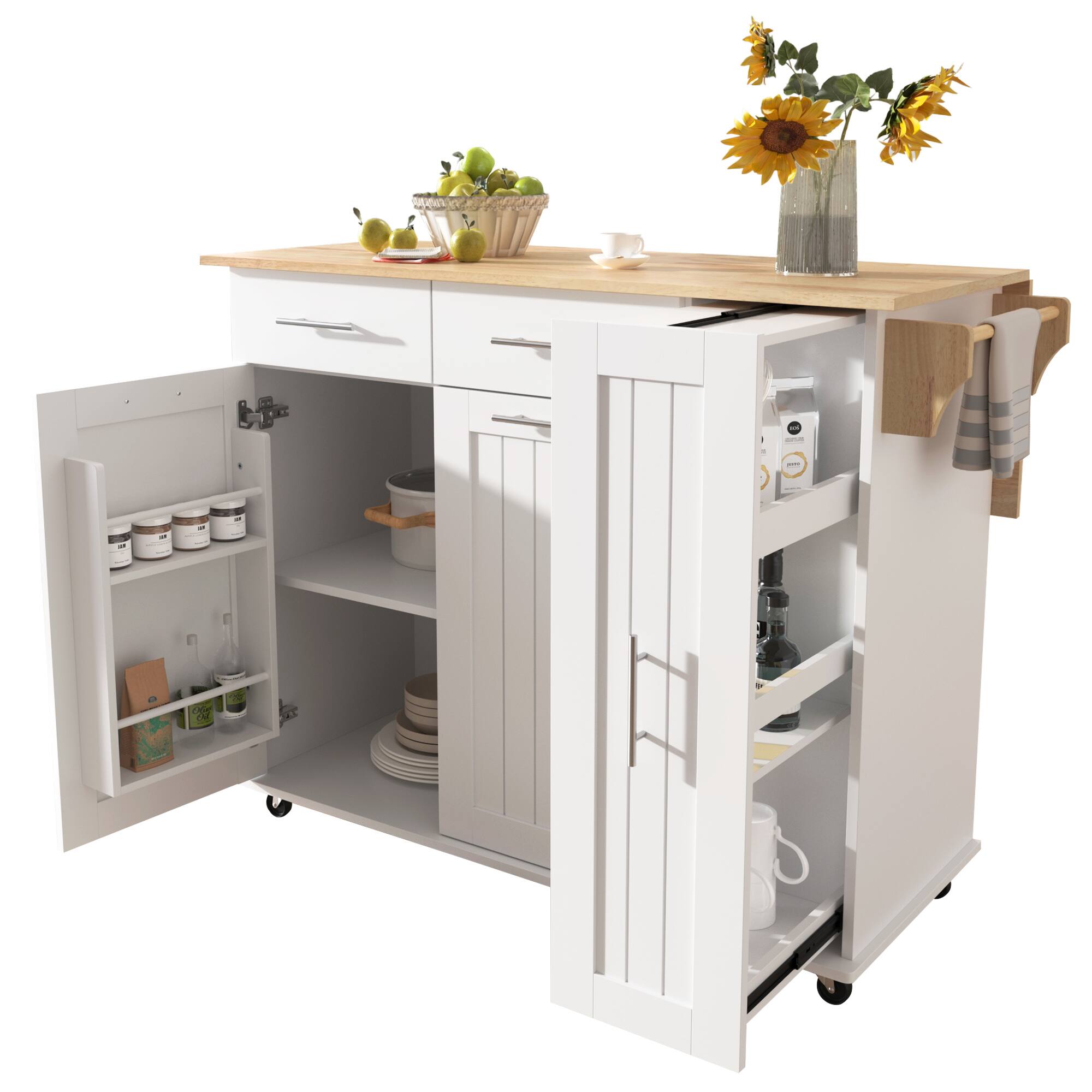 Front. Spaco - Spaco Rolling Kitchen Island Cart with 3 Tier Pull Out Organizer, 2 Drawers, Internal Storage, Towel Rack,Locking Wheels - White.