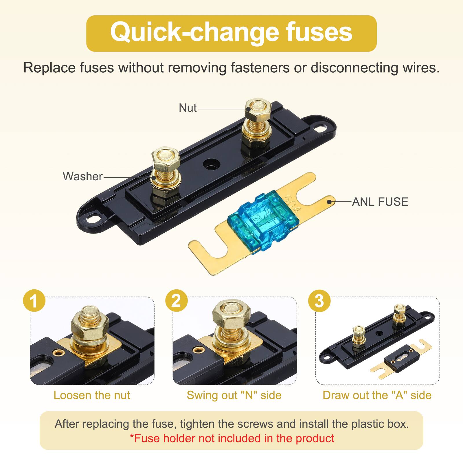Quick-change fuses  
Replace fuses without removing fasteners or disconnecting wires.  

1. Loosen the nut  
2. Swing out "N" side  
3. Draw out the "A" side  

After replacing the fuse, tighten the screws and install the plastic box.  
*Fuse holder not included in the product