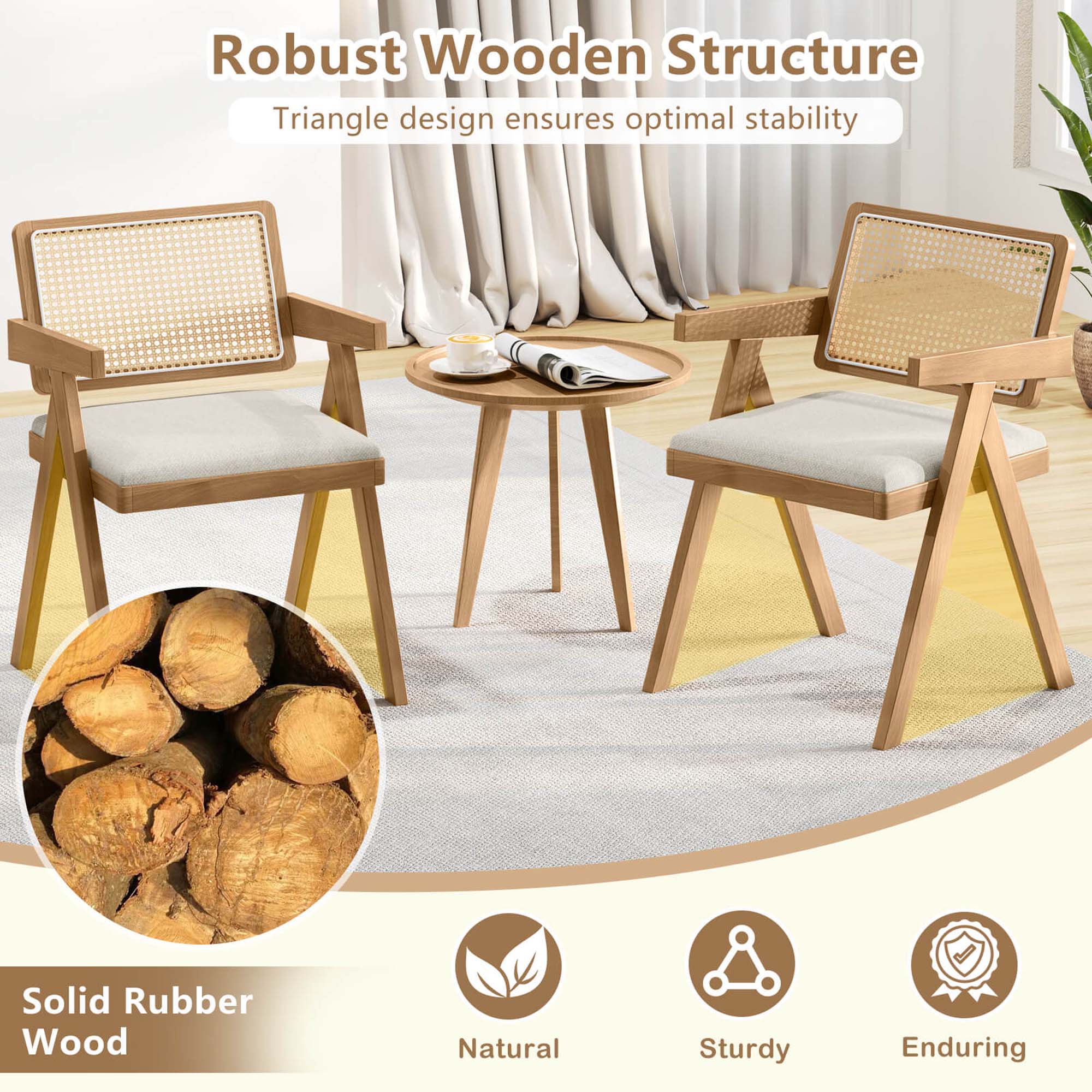Robust Wooden Structure: Triangle design ensures optimal stability. Solid Rubber Wood: Natural, Sturdy, Enduring.