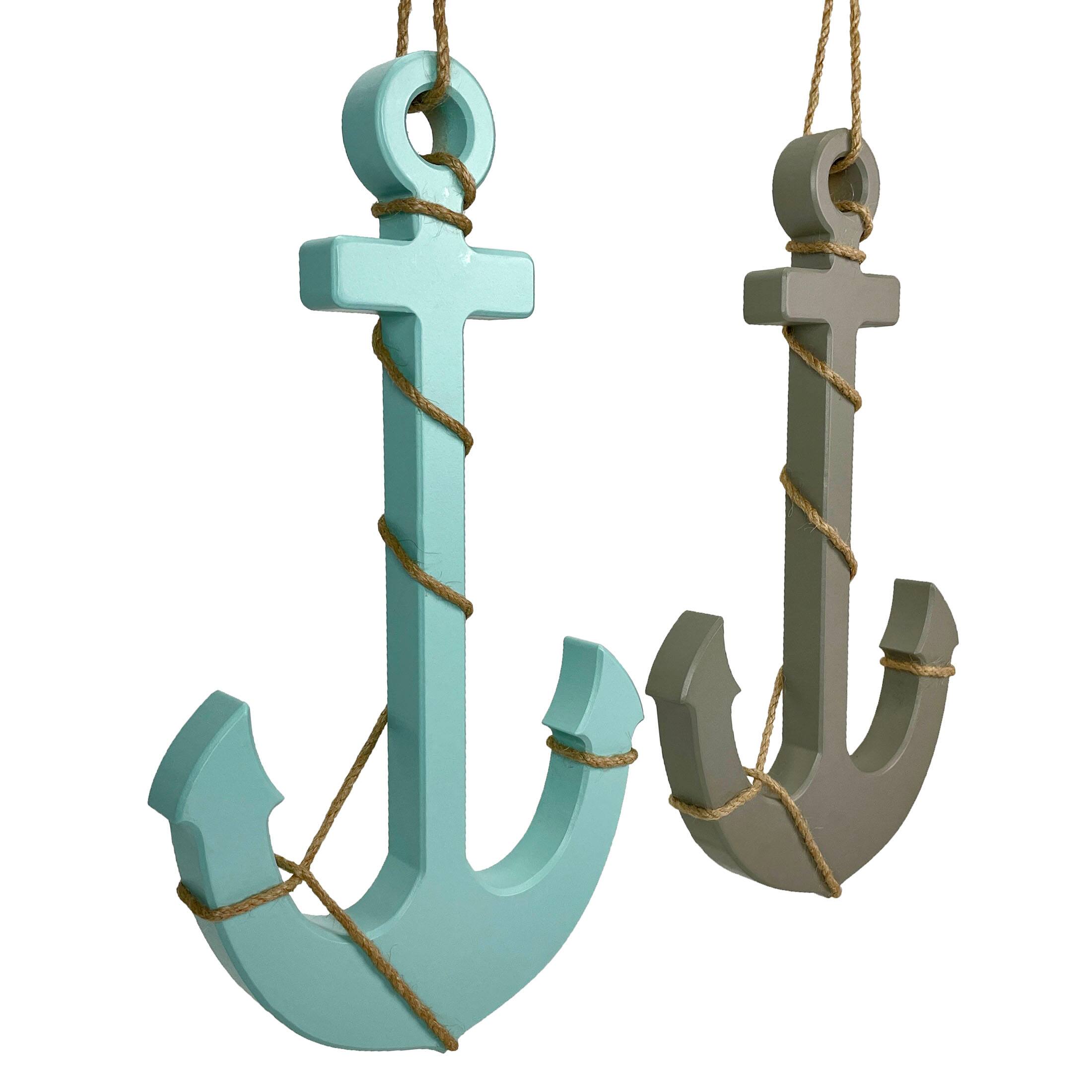 Alt View 1. Chesapeake Bay - Set of 2 Wood Nautical Wall Anchors 15in Rope Beach Coastal Decor Blue Gray - Multicolored.