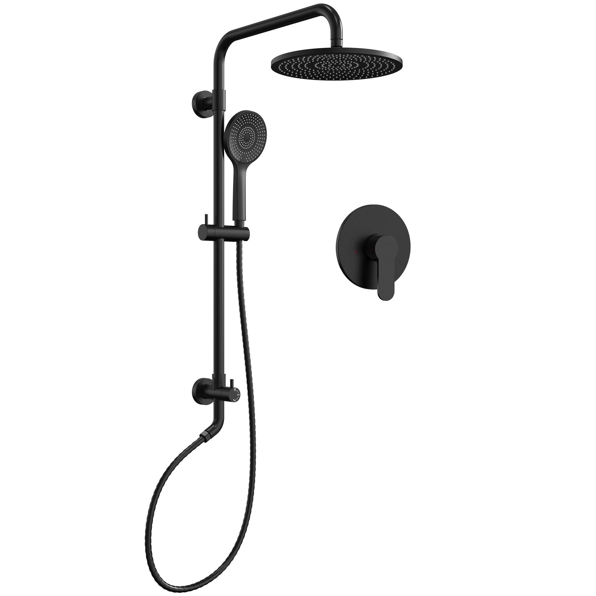 Front. GRANDJOY - Exposed Pipe Shower System with 10 in Round Rain Head and Simultaneous Dual-Flow Handheld Sprayer - Matte Black.