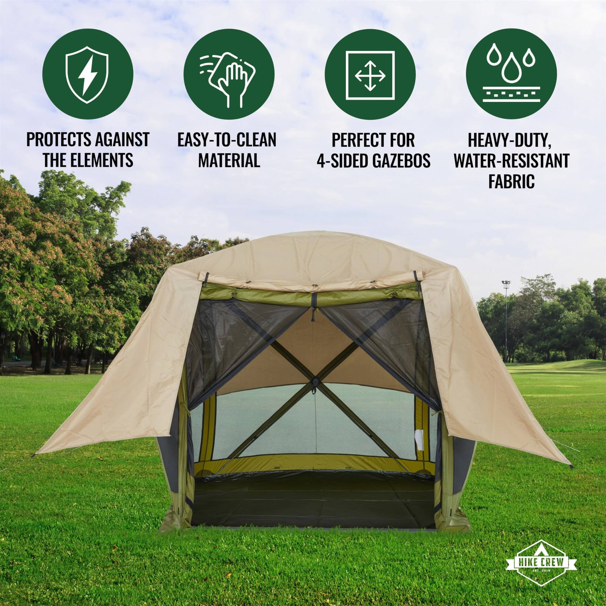PROTECTS AGAINST THE ELEMENTS, EASY-TO-CLEAN MATERIAL, PERFECT FOR 4-SIDED GAZEBOS, HEAVY-DUTY, WATER-RESISTANT FABRIC, HIKE CREW
