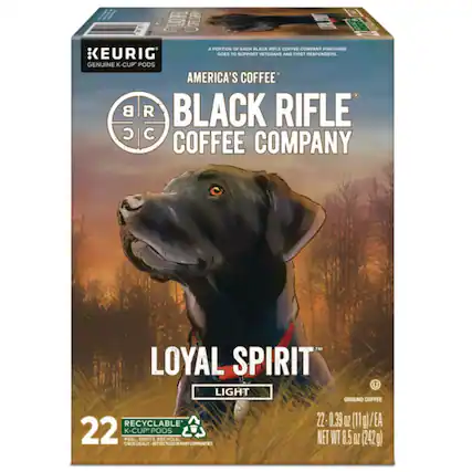 A portion of each Black Rifle Coffee Company purchase goes to support veterans and first responders. Genuine K-Cup pods. America's Coffee. Black Rifle Coffee Company. Loyal Spirit. Light ground coffee. Recyclable K-Cup pods. 22 - 0.39 oz (11g) each. Net wt 8.5 oz (242g).