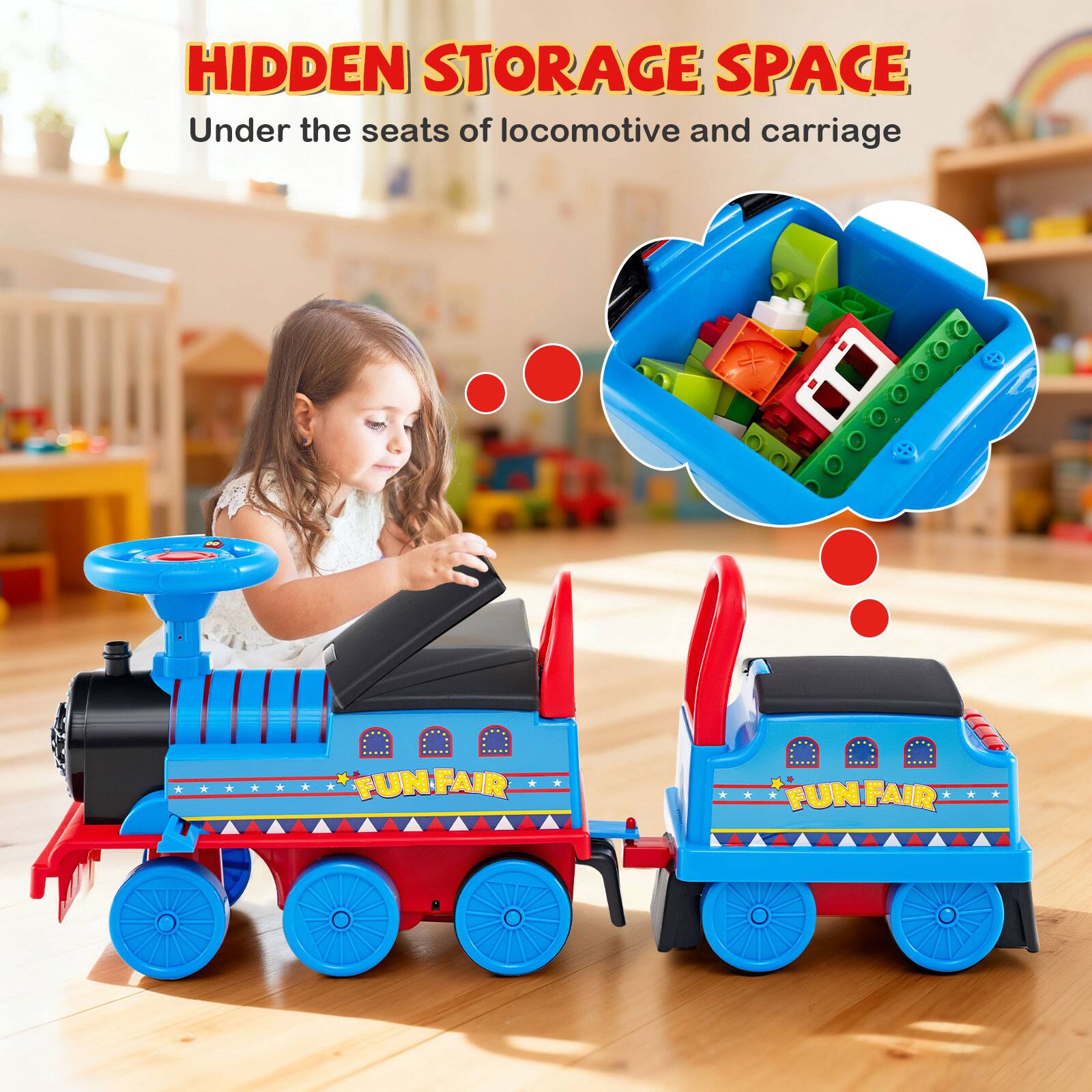 HIDDEN STORAGE SPACE  
Under the seats of locomotive and carriage