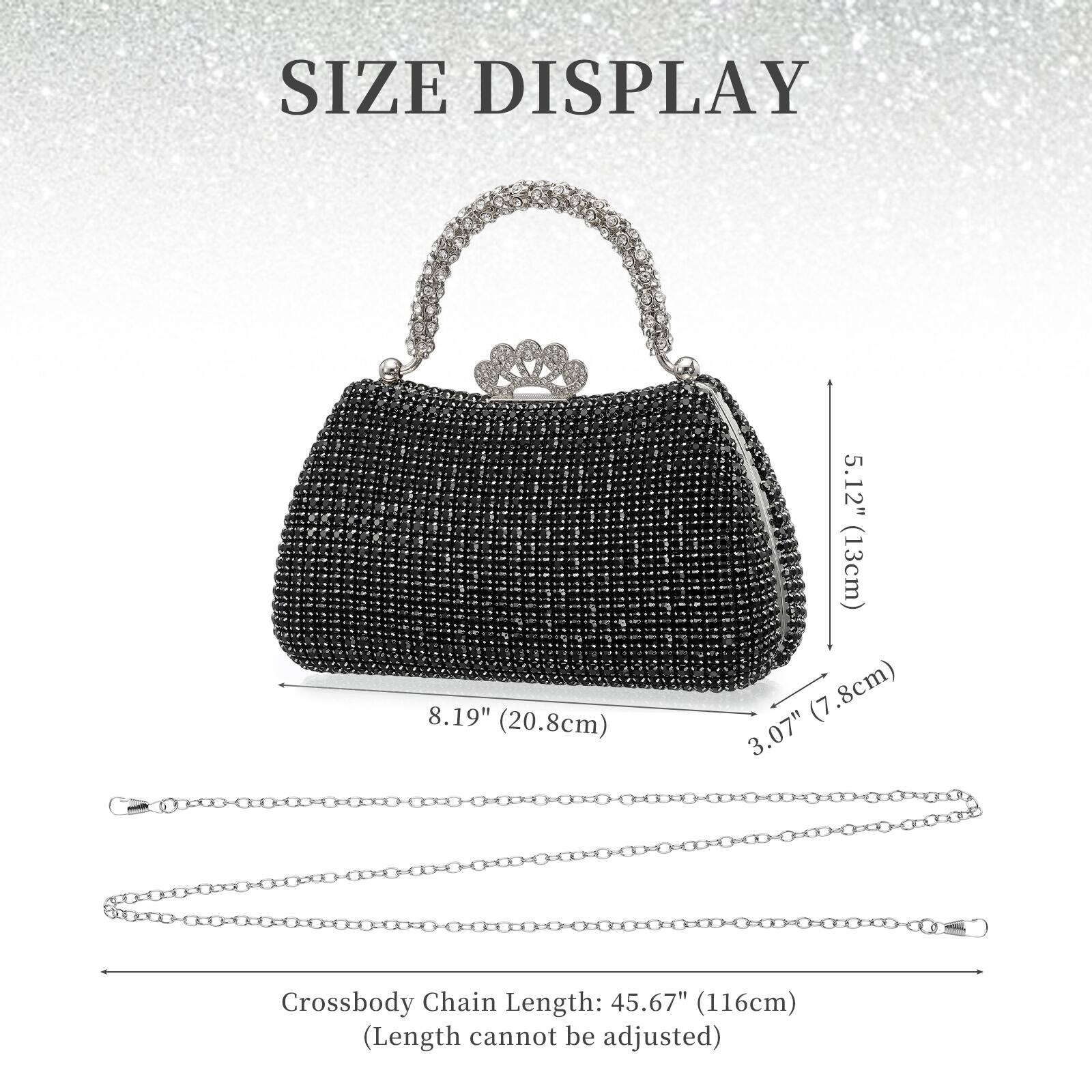 SIZE DISPLAY

- Height: 5.12" (13cm)
- Width: 8.19" (20.8cm)
- Depth: 3.07" (7.8cm)

Crossbody Chain Length: 45.67" (116cm) (Length cannot be adjusted)