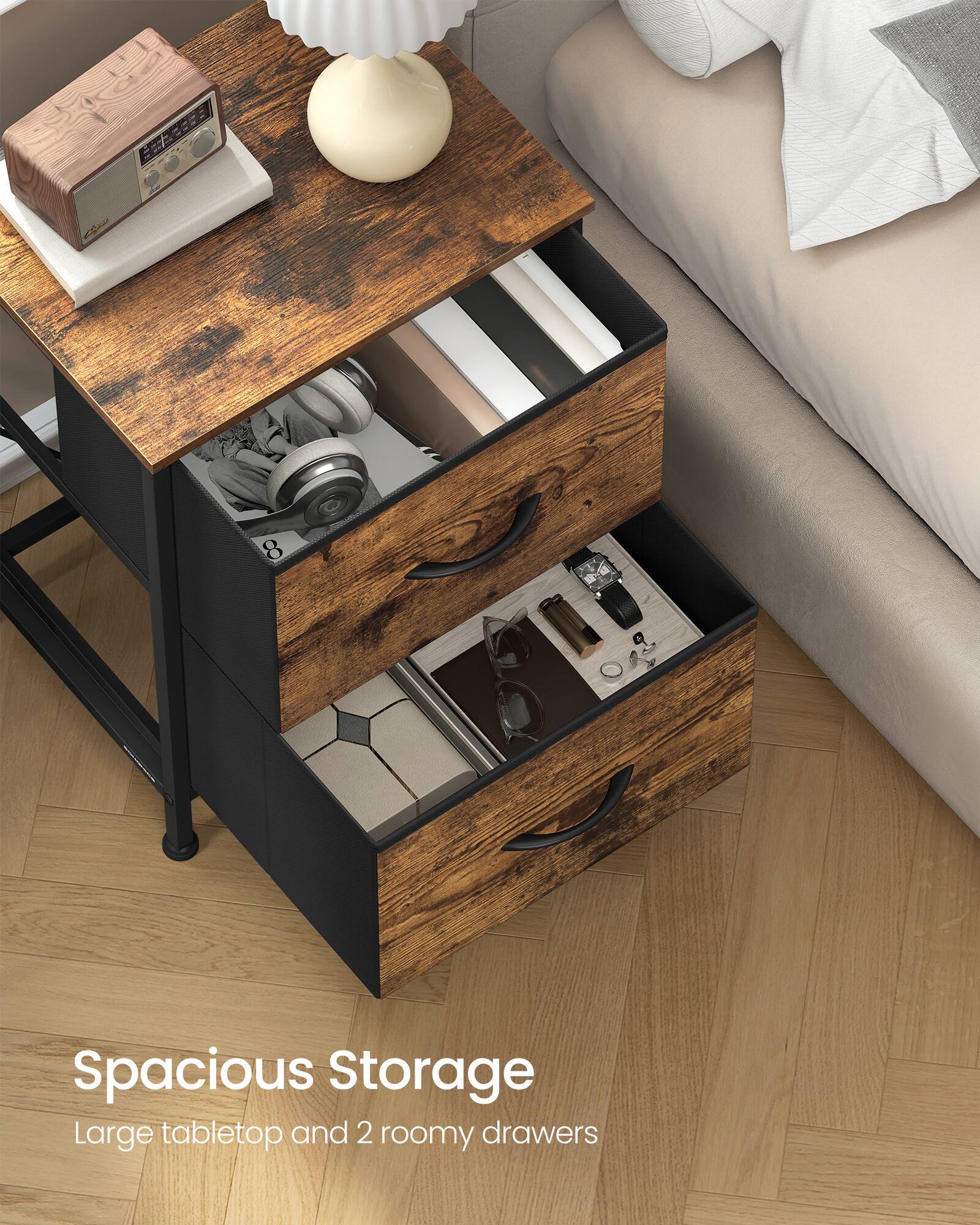 Spacious Storage  
Large tabletop and 2 roomy drawers