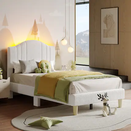 Front. Pinmoco - Pinmoco - Twin Upholstered Platform Bed Frame with Adjustable LED Arc Headboard - Fabric White - Fabric White.