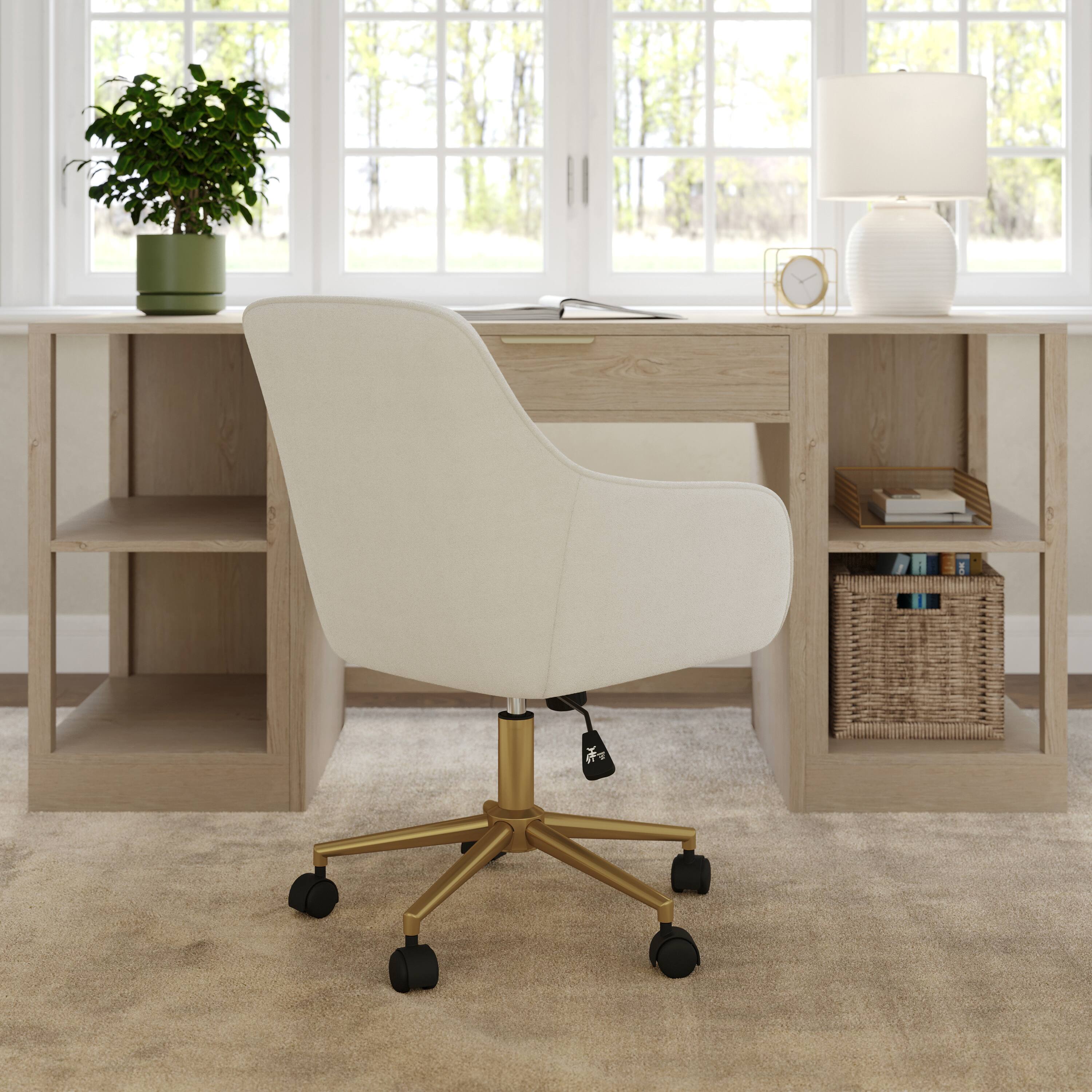 Alt View 5. Martha Stewart - Rayna Upholstered Swivel Home Office Chair with Flared Arms - Off White Fabric/Polished Brass Frame.