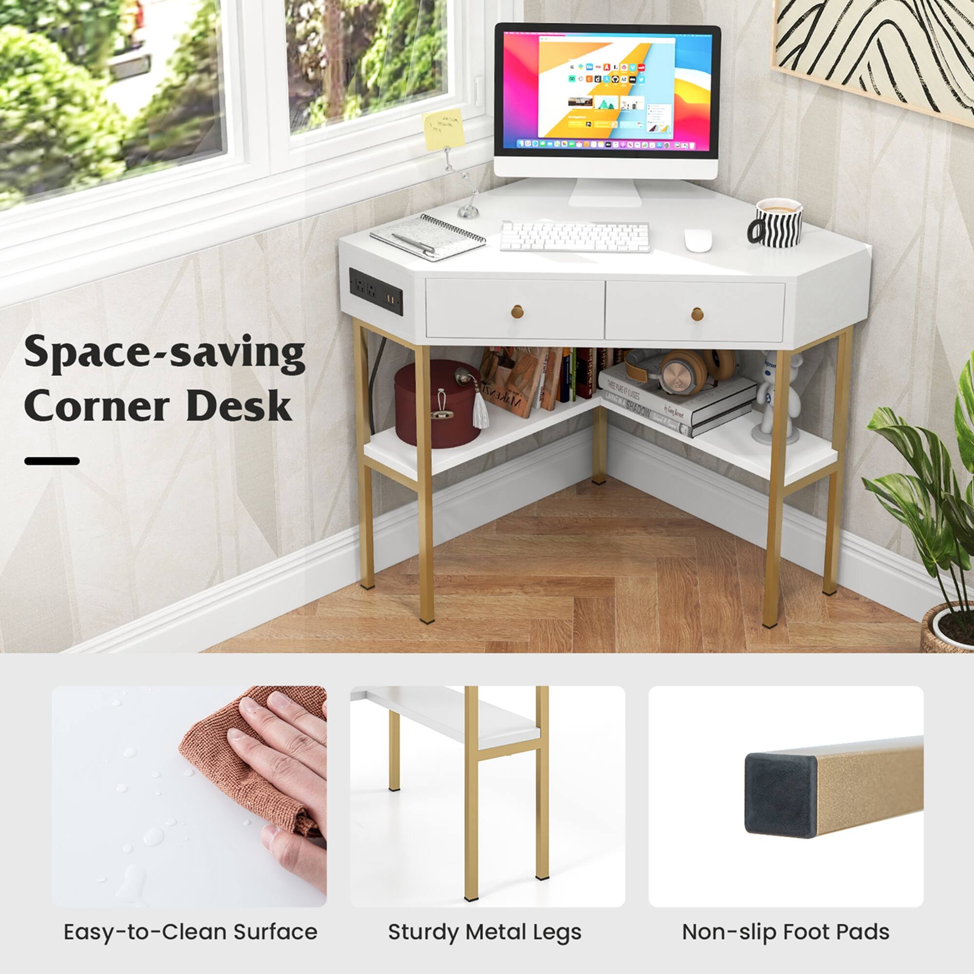 Space-saving Corner Desk

Easy-to-Clean Surface

Sturdy Metal Legs

Non-slip Foot Pads