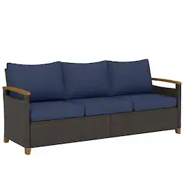Outsunny - Seater Outdoor Couch Sofa, PE Wicker Patio Sofa, Wide Deep Seat, 4" Cushions, Wood-Effect Armrests Legs - Dark Blue