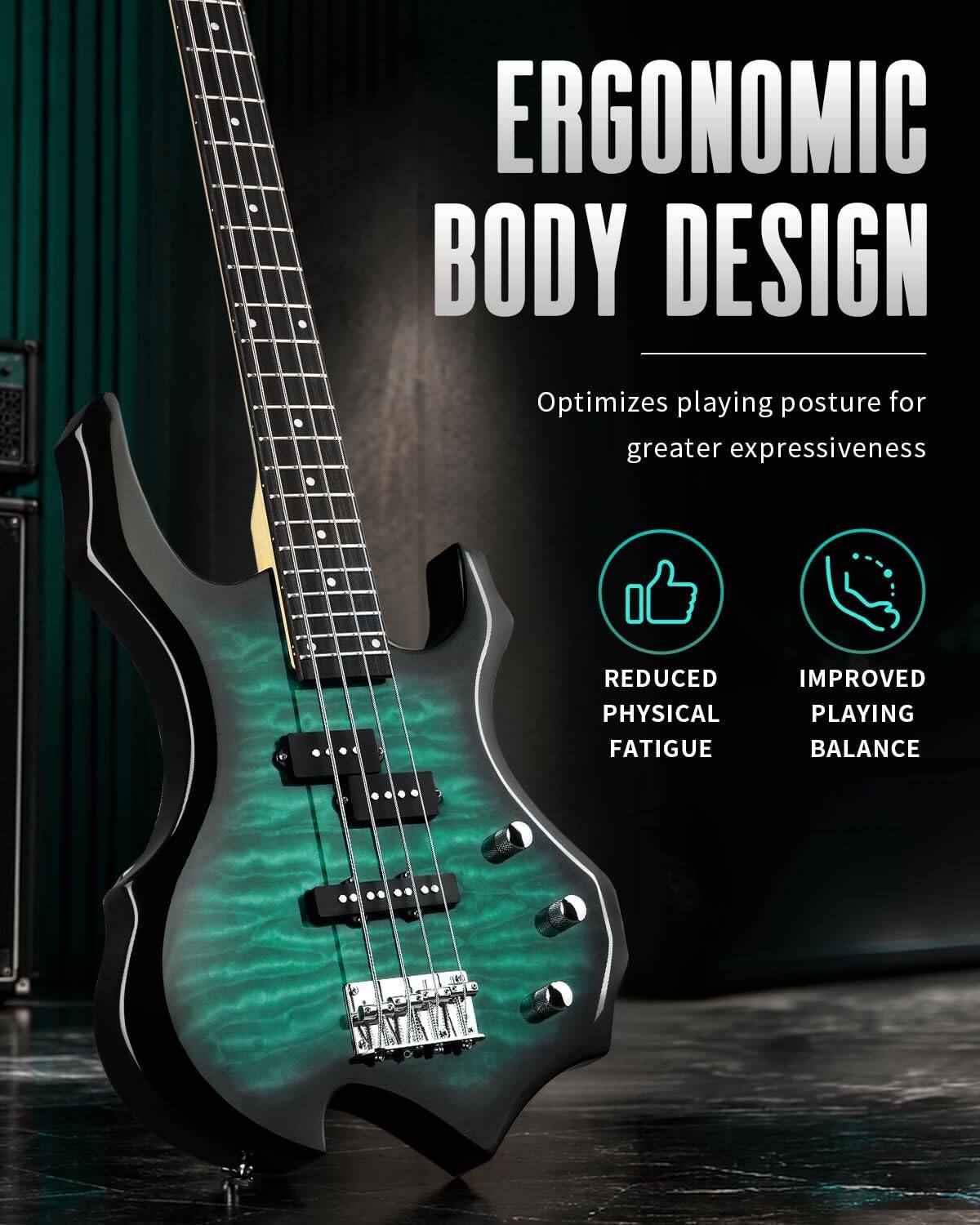 ERGONOMIC BODY DESIGN  
Optimizes playing posture for greater expressiveness  

REDUCED PHYSICAL FATIGUE  
IMPROVED PLAYING BALANCE