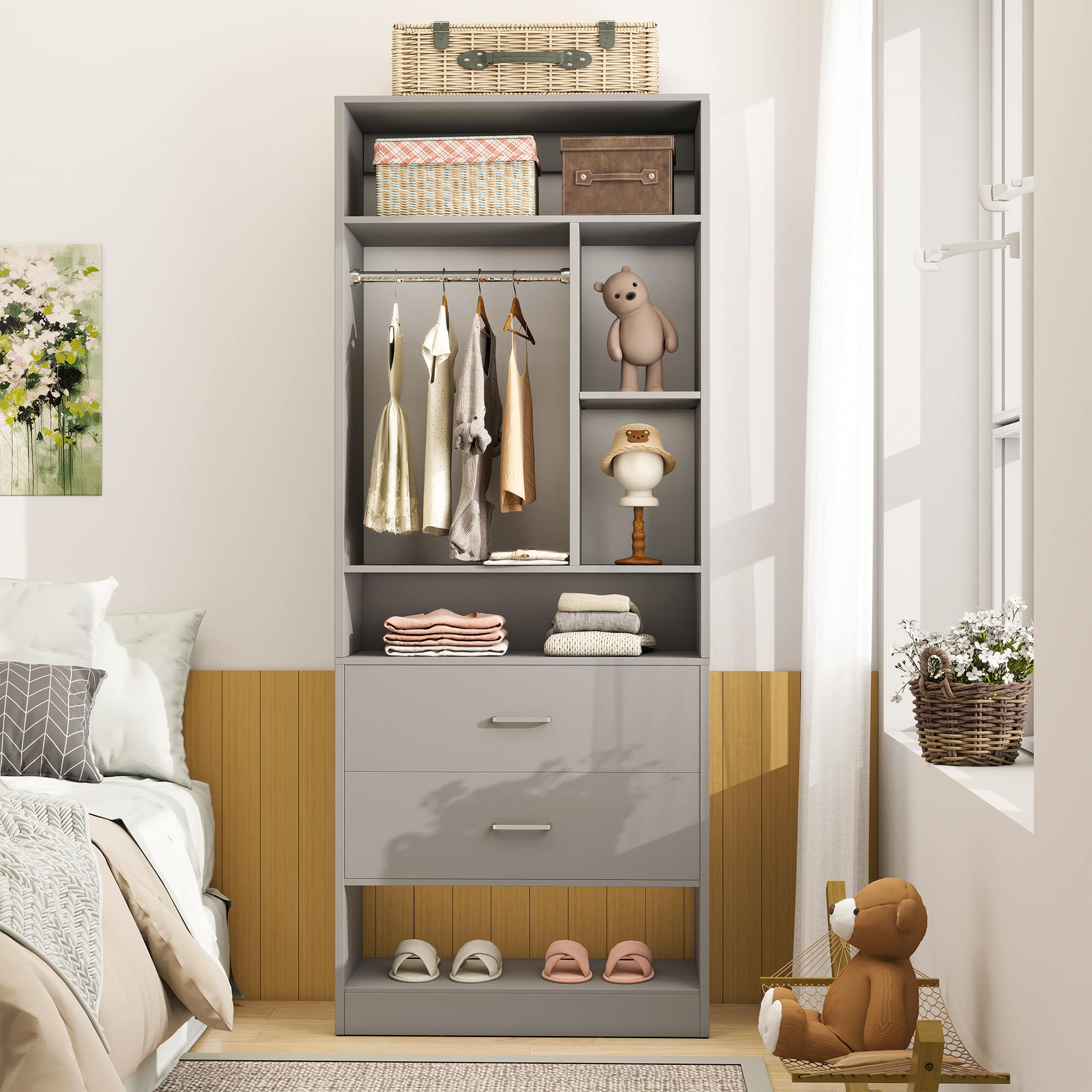Aheaplus - Freestanding 24" Closet System with 2 Wood Drawers, 6 Shelves & Hanging Rod - Small Walk-in Organizer - Gray