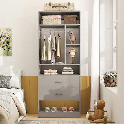 Front. Aheaplus - Freestanding 24" Closet System with 2 Wood Drawers, 6 Shelves & Hanging Rod - Small Walk-in Organizer - Gray.