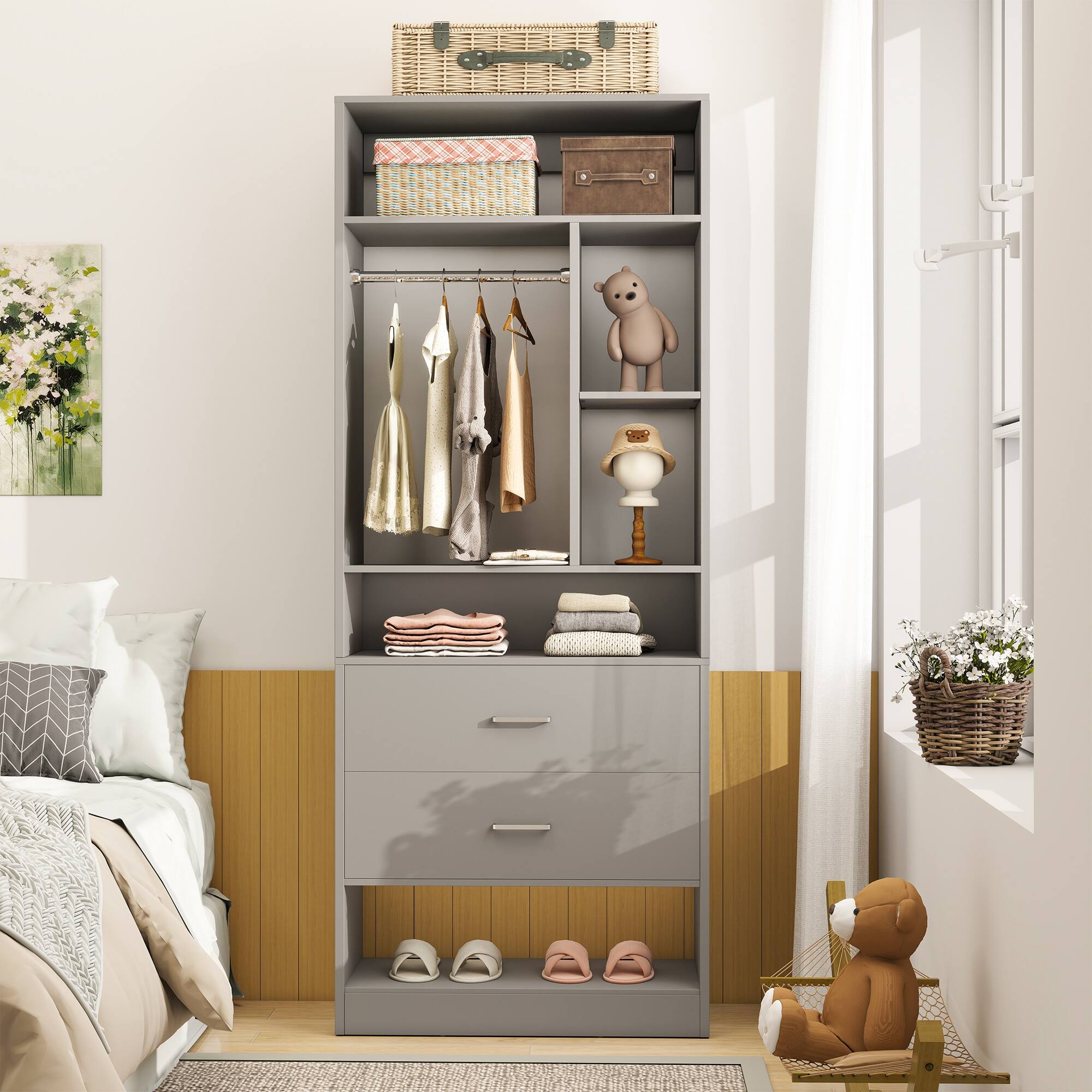 Front. Aheaplus - Freestanding 24" Closet System with 2 Wood Drawers, 6 Shelves & Hanging Rod - Small Walk-in Organizer - Gray.