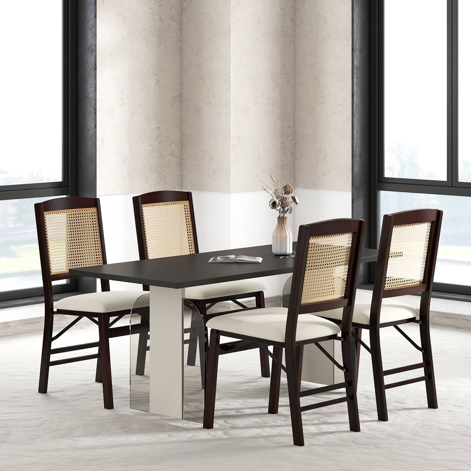 Alt View 4. Costway - Costway Folding Dining Chairs Set of 2 with Linen Padded Seat & Rattan Backrest for Kitchen - Coffee + Natural + Beige.