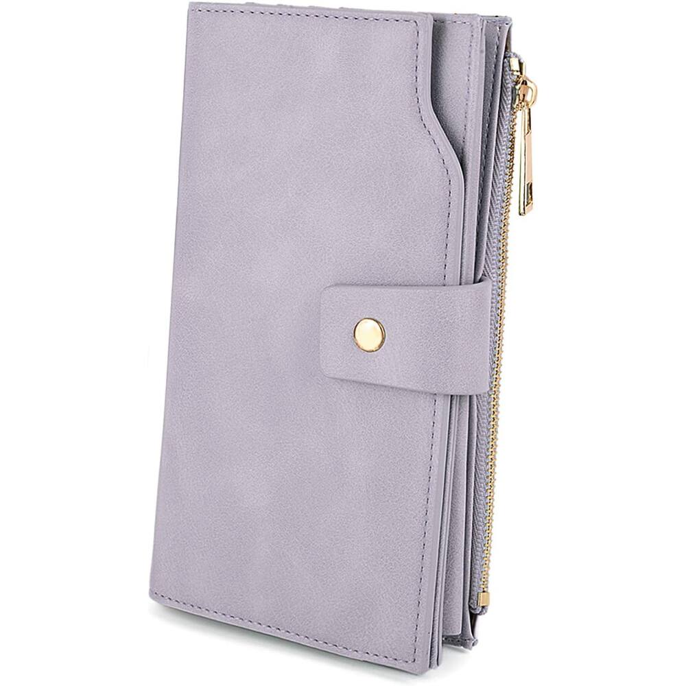 Front. ZUQIETA - ZUQIETA Elegant Vegan Leather Wristlet Purse - Snap Closure Long Wallet & Card Holder - Thistle Purple.