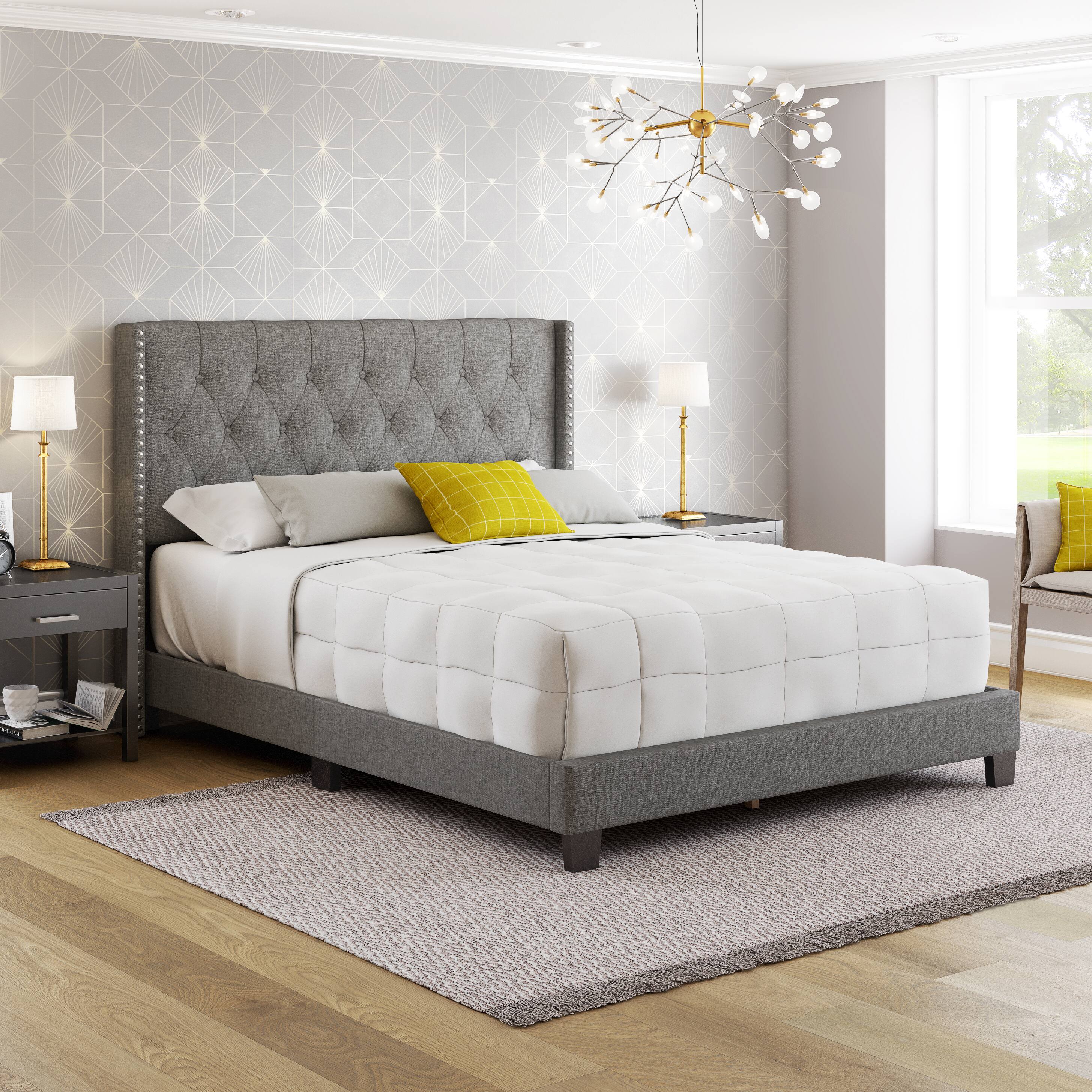 Alt View 4. Boyd Sleep - Mia Linen Platform Bed Frame with Tufted Headboard and Nailhead Trim, No Box Spring Required, Queen - Gray.