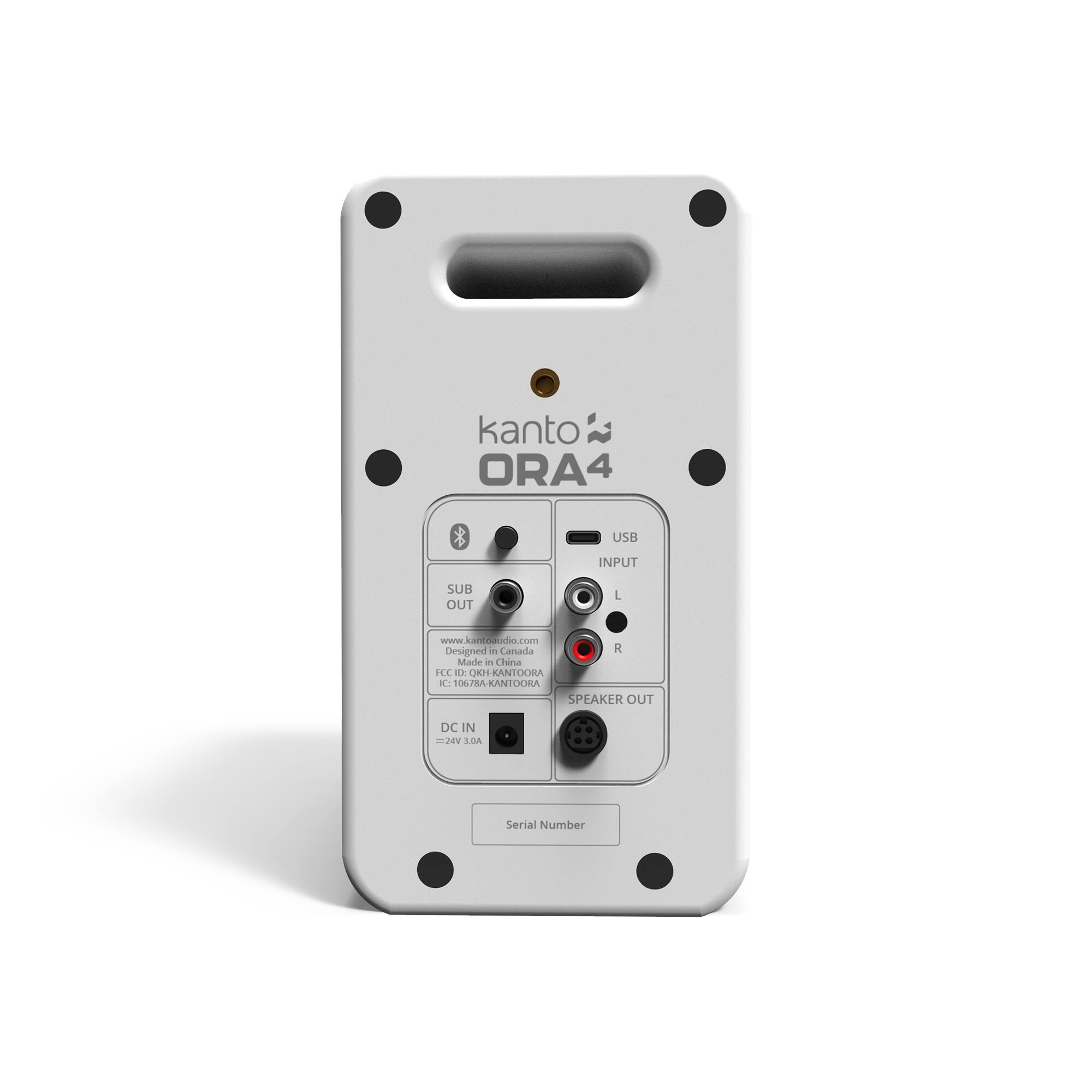 USB INPUT, SUB OUT, L, www.kantoustudio.com, Designed in Canada, FCC ID: QKH-KANTOORA, IC: 106784-KANTOORA, SPEAKER OUT, DC IN 24V 3.0A, Serial Number