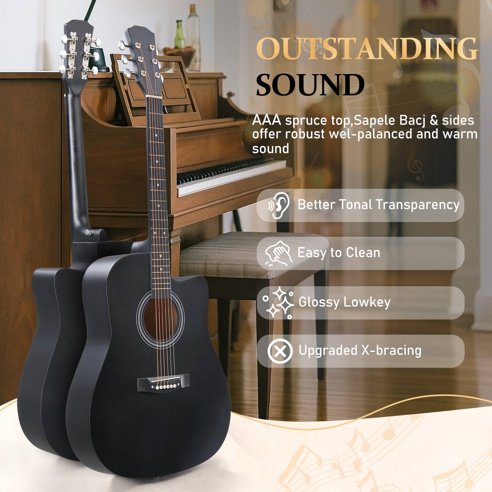 OUTSTANDING SOUND

AAA spruce top, Sapele back & sides offer robust, well-balanced and warm sound

- Better Tonal Transparency
- Easy to Clean
- Glossy Lowkey
- Upgraded X-bracing