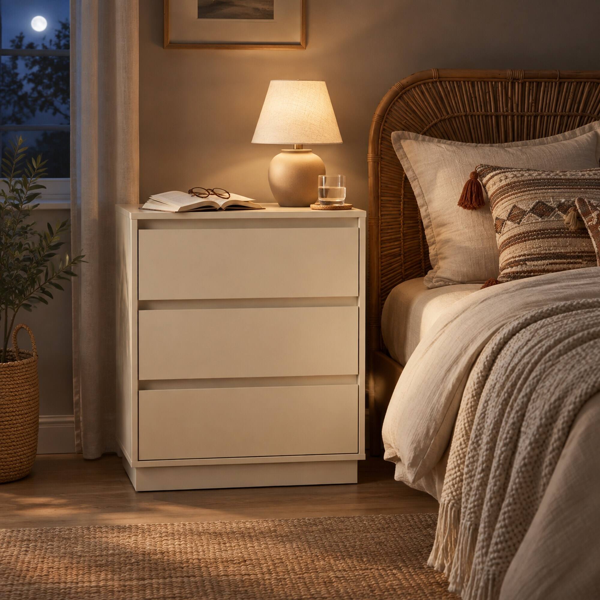 Back. RYHNUYNE - Modern Beige Nightstand, 23.6 Inch Wide Wood Bedroom Side Table, 3 Drawer Storage Dresser - Beige.